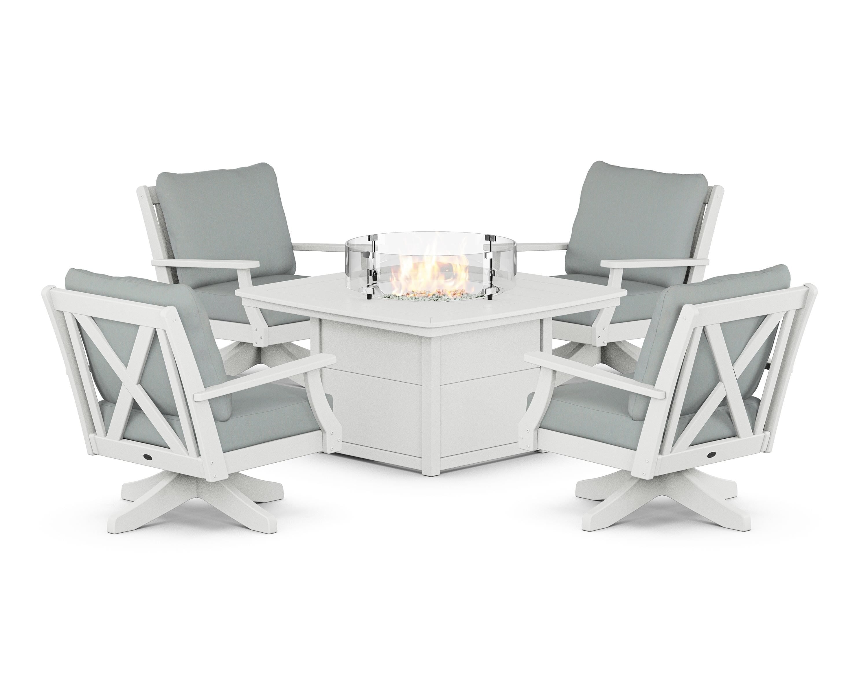 POLYWOOD® Braxton 5-Piece Deep Seating Swivel Conversation Set with Fire Pit Table in White / Spa