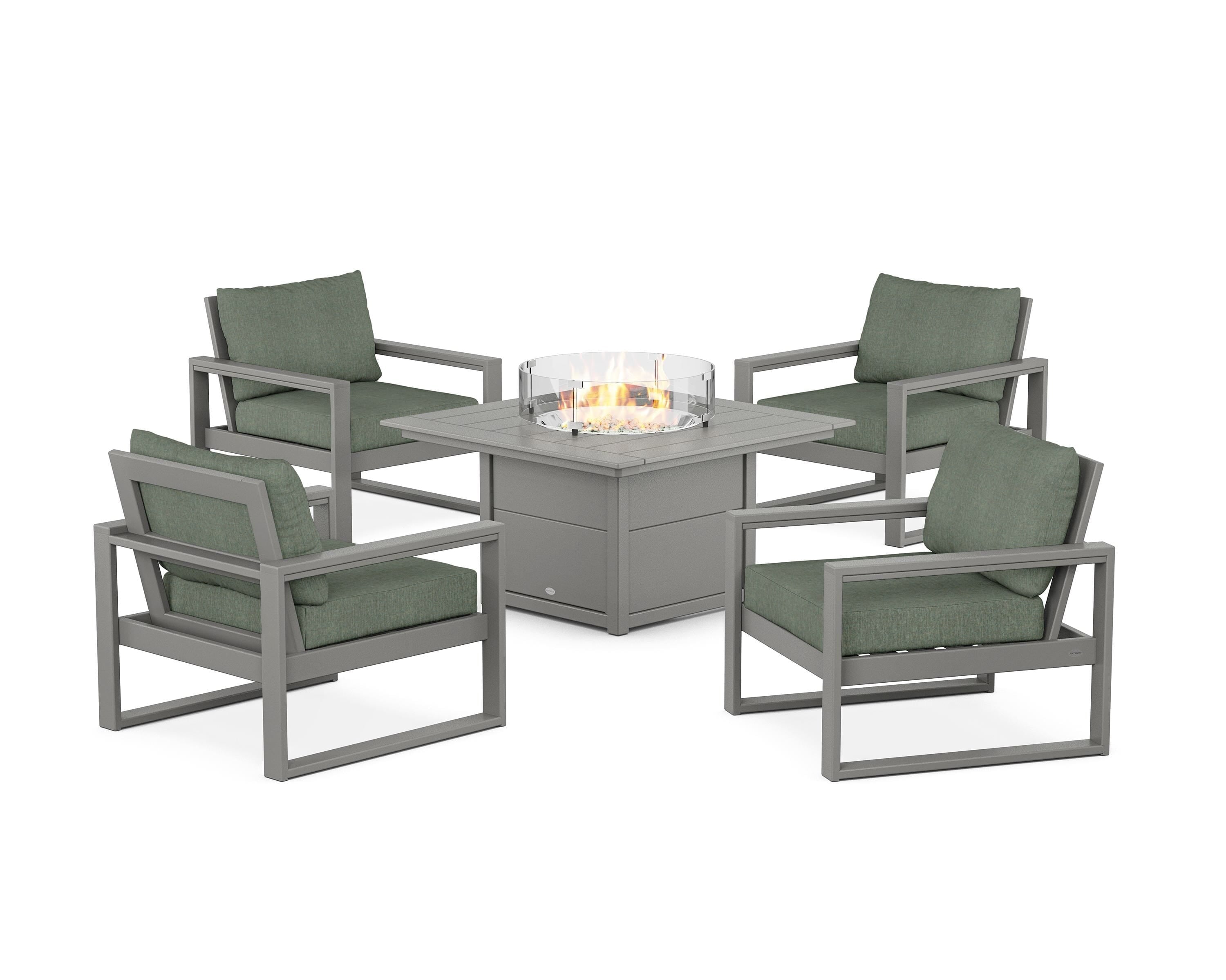 POLYWOOD® EDGE Sectional 5-Piece Deep Seating Set with Fire Pit Table in Slate Grey / Cast Sage
