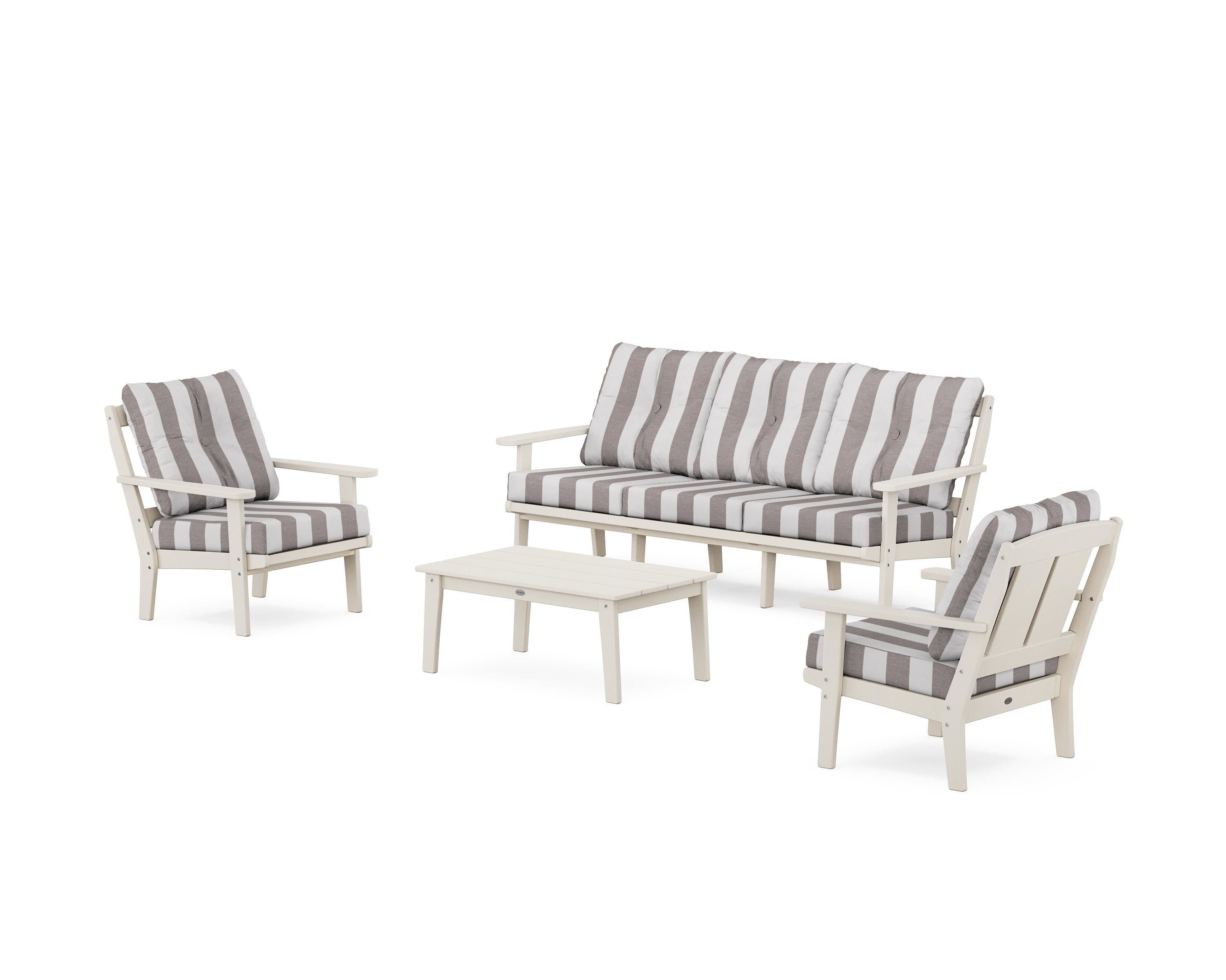 POLYWOOD® Mission 4-Piece Deep Seating Set with Sofa in Sand / Cabana Stripe Grey Mist