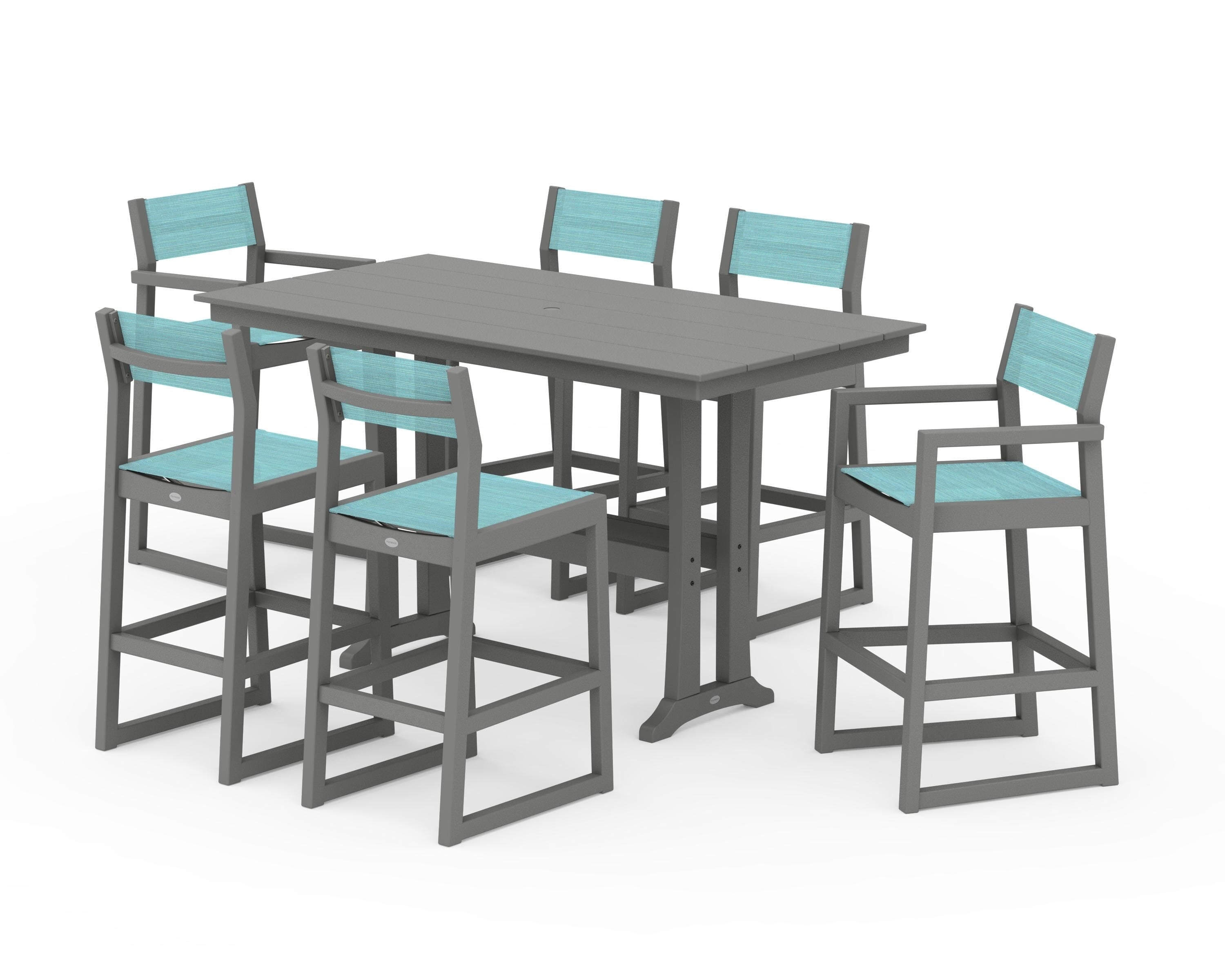 POLYWOOD® EDGE Sling 7-Piece Farmhouse Bar Set with Trestle Legs in Slate Grey / Dupioni Aquamarine Sling