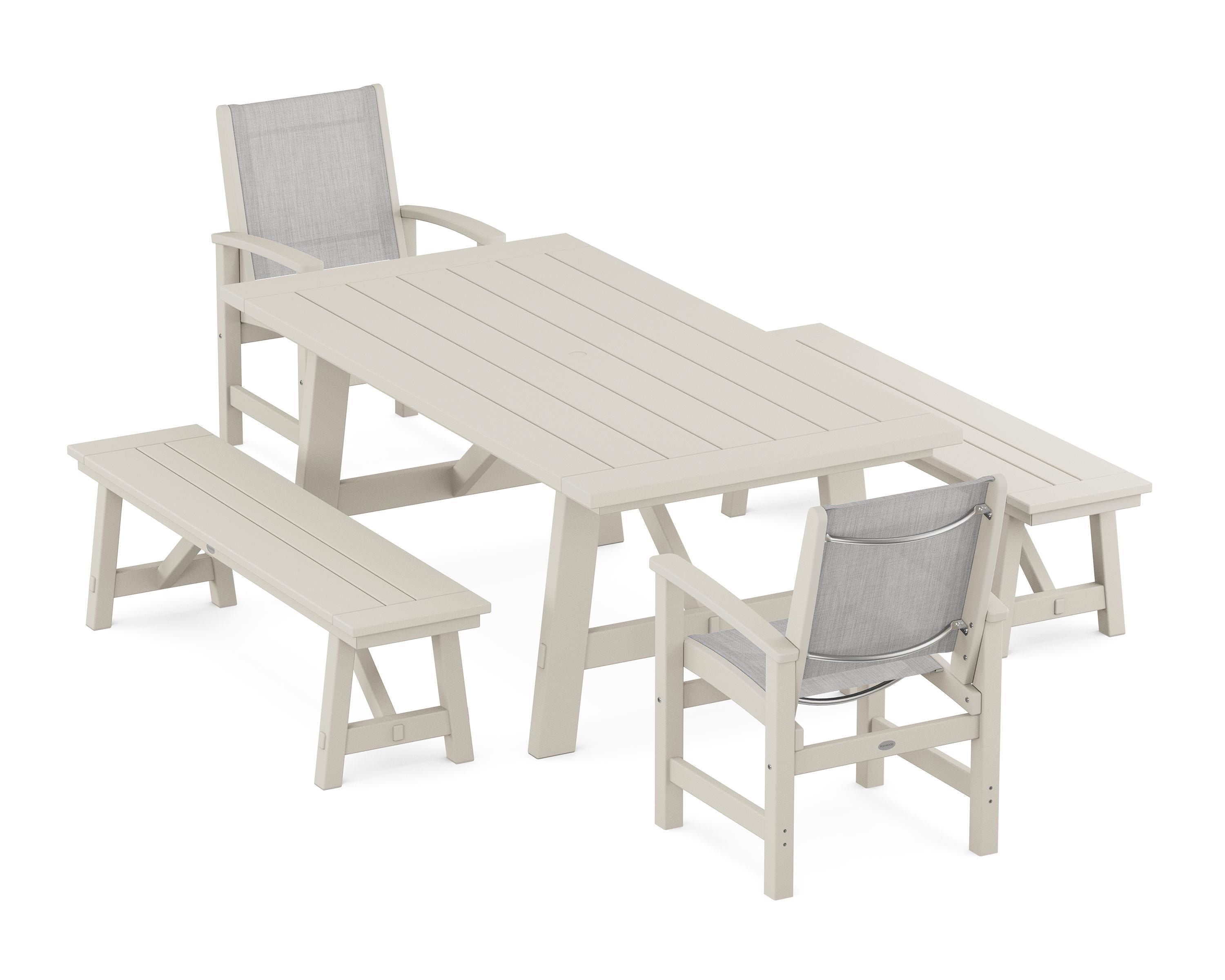 POLYWOOD® Coastal 5-Piece Rustic Farmhouse Dining Set With Benches in Sand / Parchment Sling
