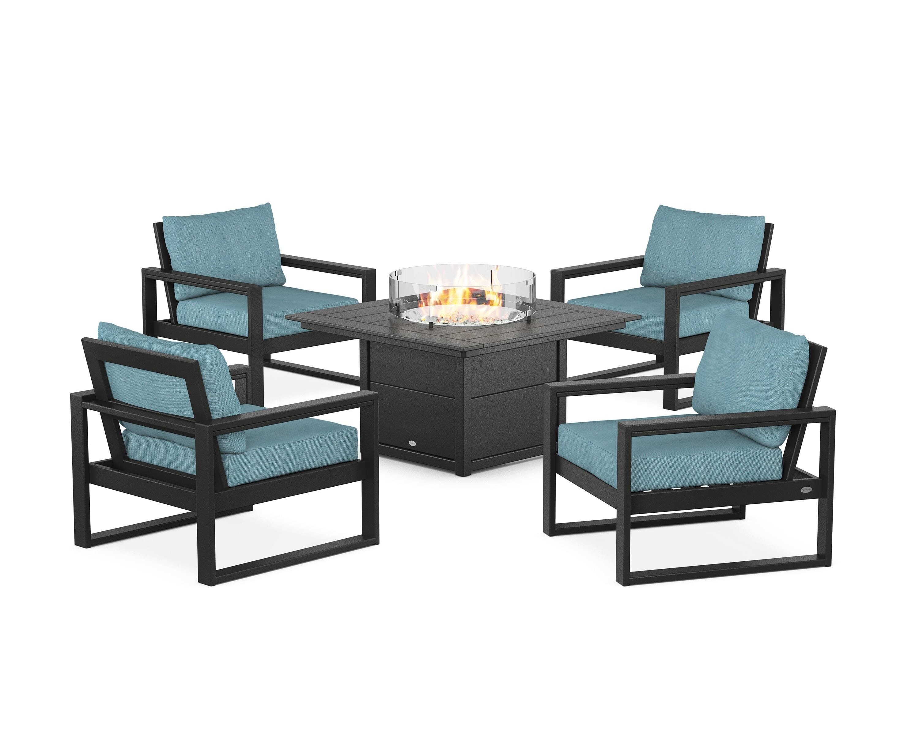 POLYWOOD® EDGE Sectional 5-Piece Deep Seating Set with Fire Pit Table in Black / Lattice Sky Blue