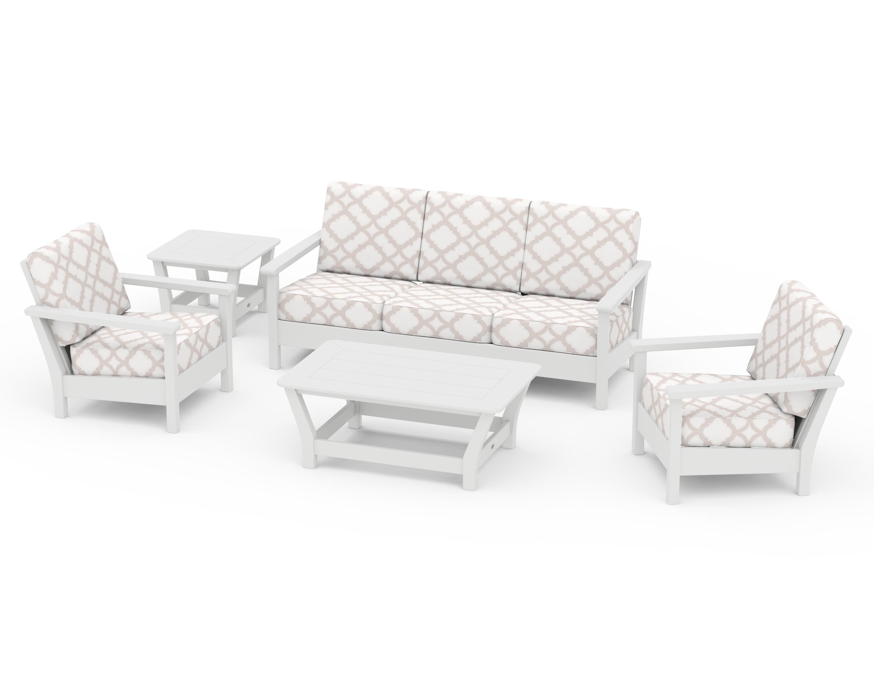 POLYWOOD® Harbour 5-Piece Deep Seating Set in White / Trellis Dune Burlap