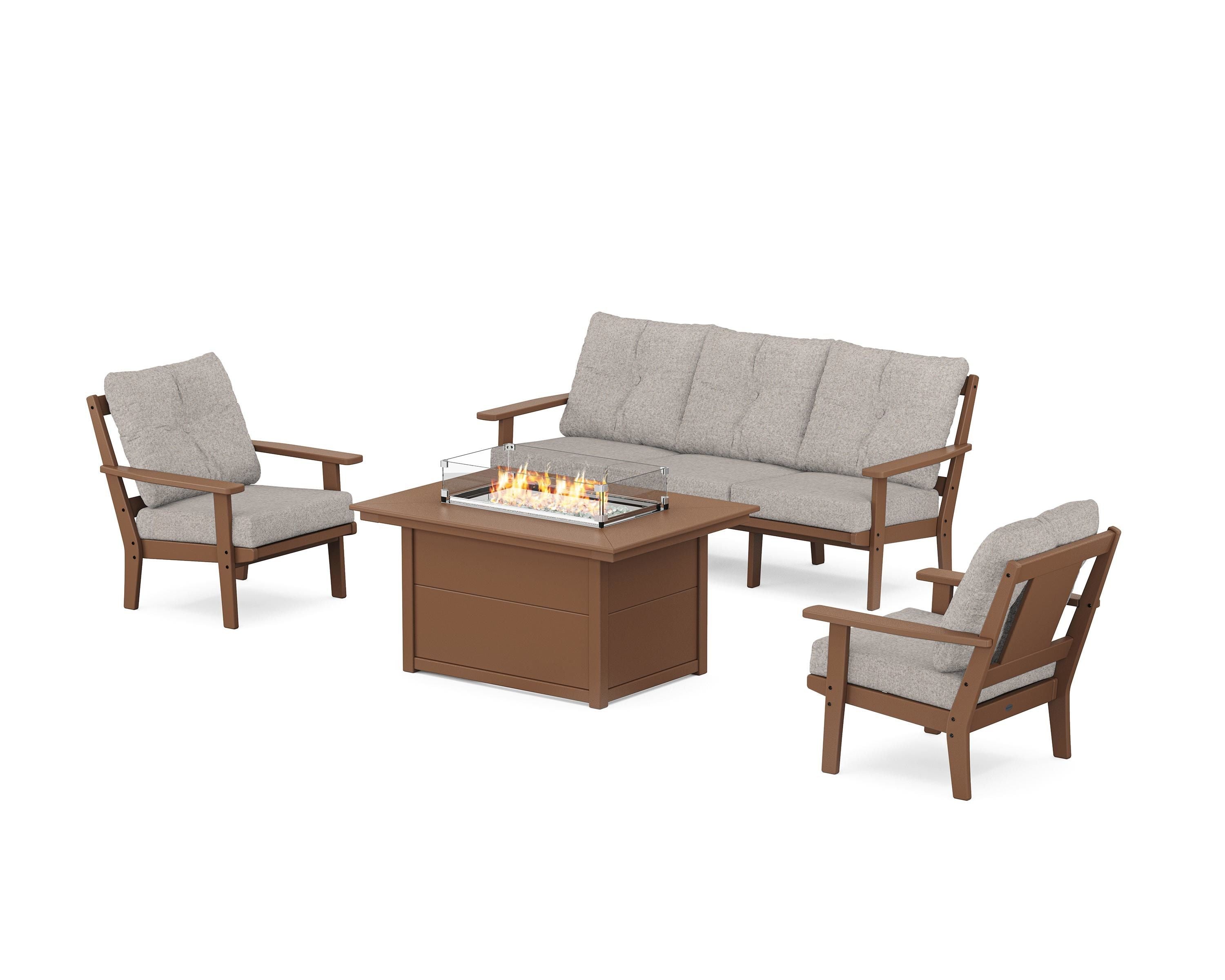 POLYWOOD® Prairie Deep Seating Fire Pit Table Set in Teak / Weathered Tweed