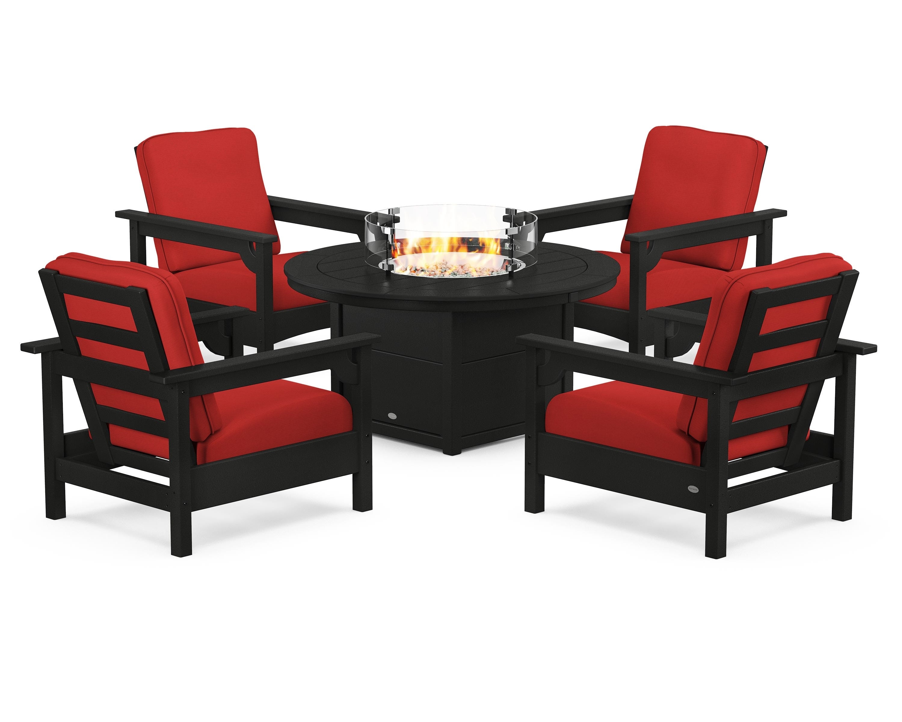 POLYWOOD® Club 5-Piece Conversation Set with Fire Pit Table in Black / Crimson Linen
