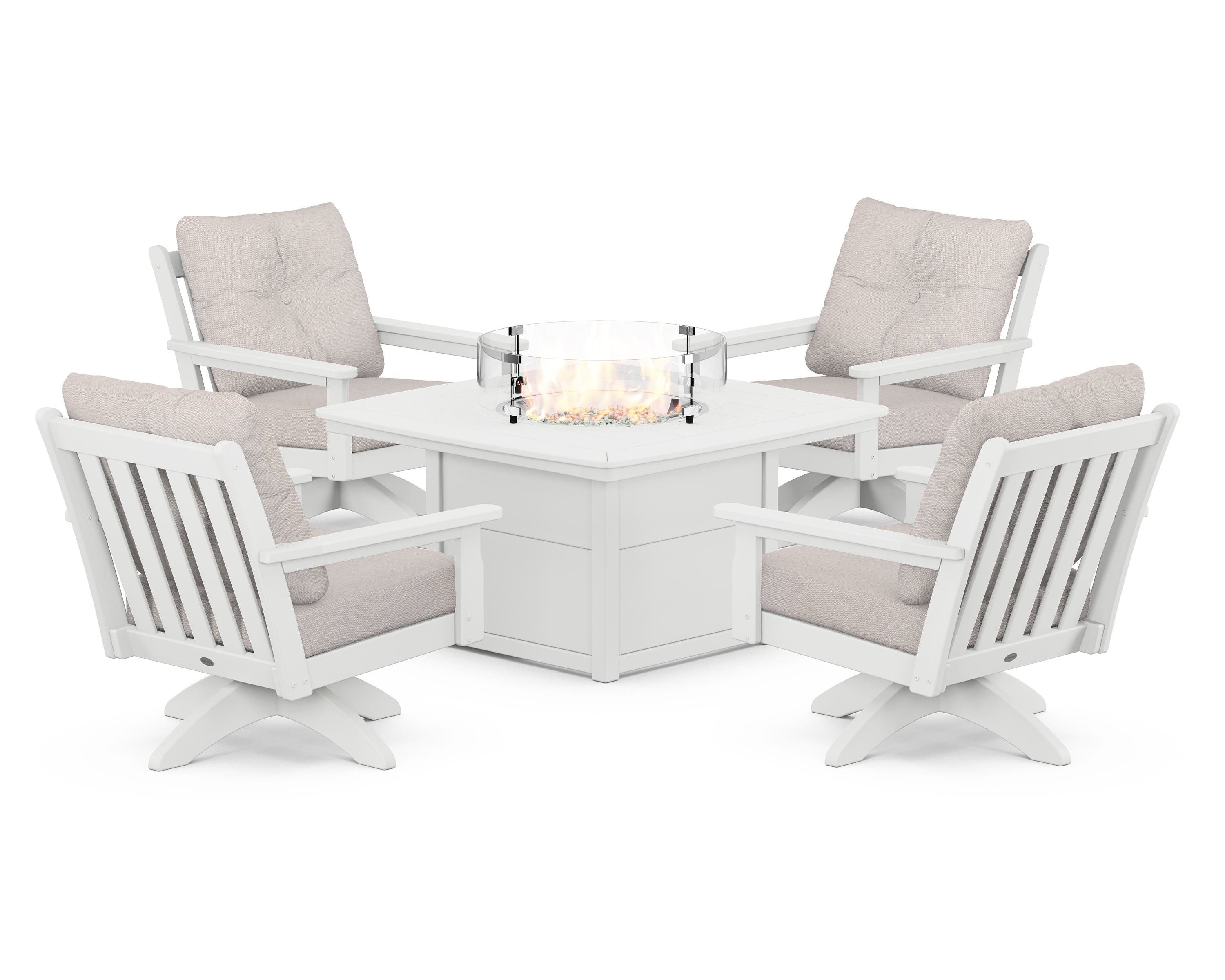 POLYWOOD® Vineyard 5-Piece Deep Seating Swivel Conversation Set with Fire Pit Table in White / Dune Burlap