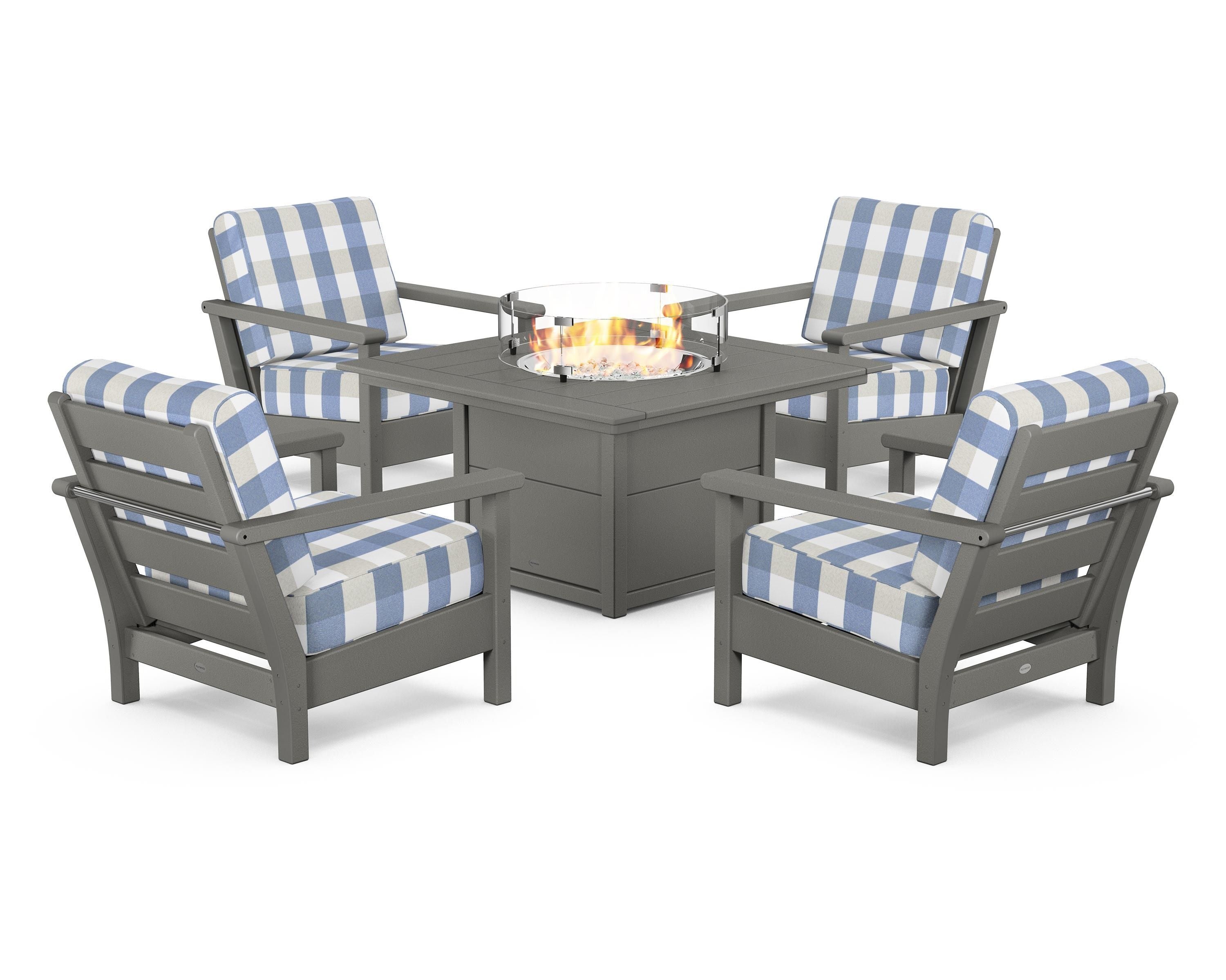 POLYWOOD® Harbour 5-Piece Conversation Set with Fire Pit Table in Slate Grey / Buffalo Plaid Sky Blue