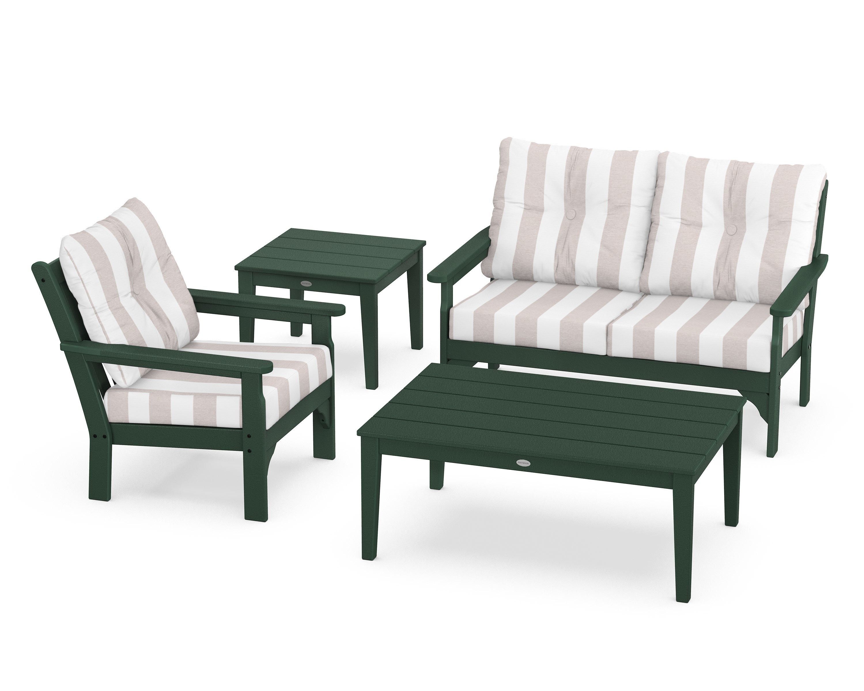 POLYWOOD® Vineyard 4-Piece Deep Seating Set in Green / Cabana Stripe Dune Burlap