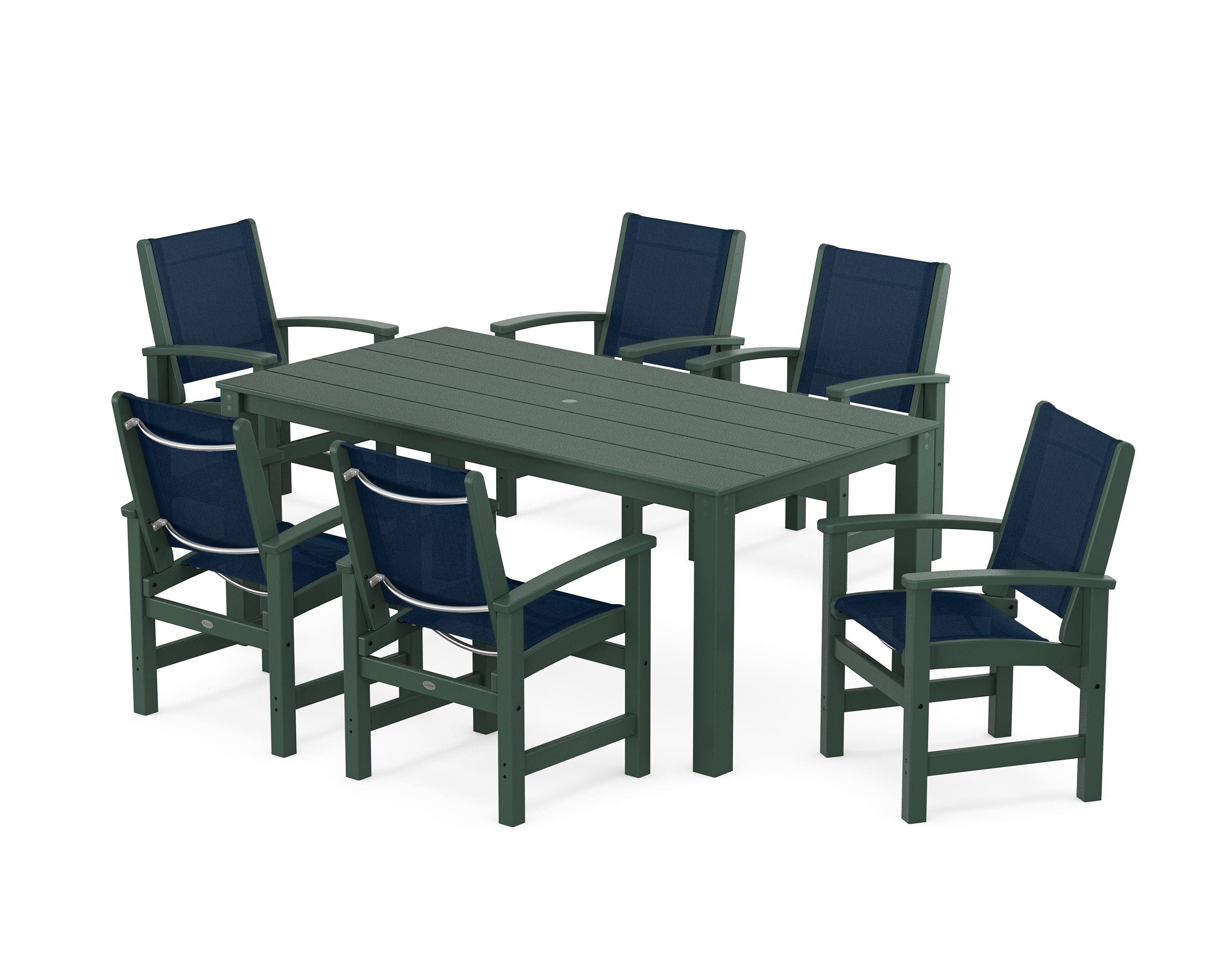 POLYWOOD® Coastal 7-Piece Parsons Dining Set in Green / Navy Blue Sling