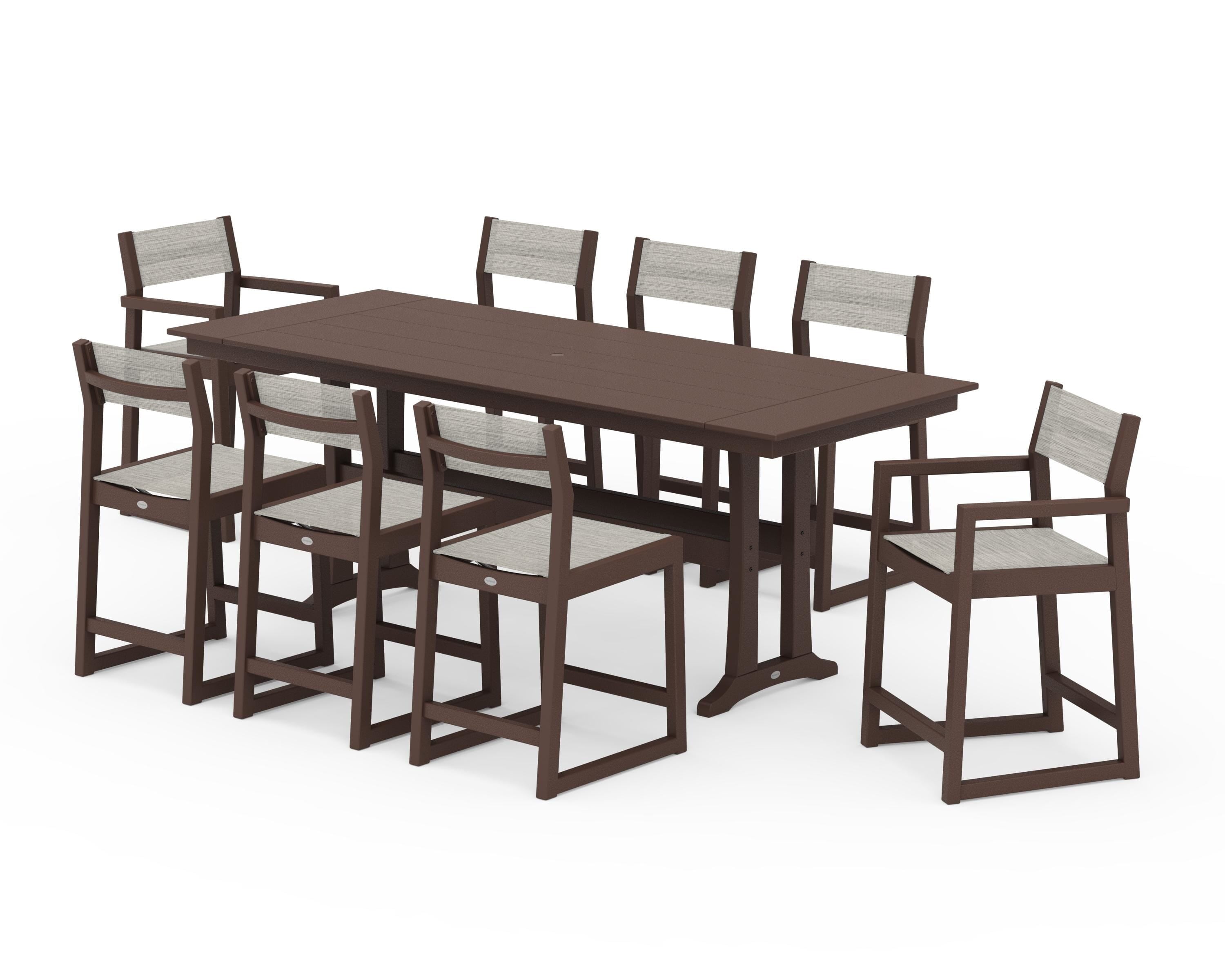 POLYWOOD® EDGE Sling 9-Piece Farmhouse Counter Set with Trestle Legs in Mahogany / Birch Sling