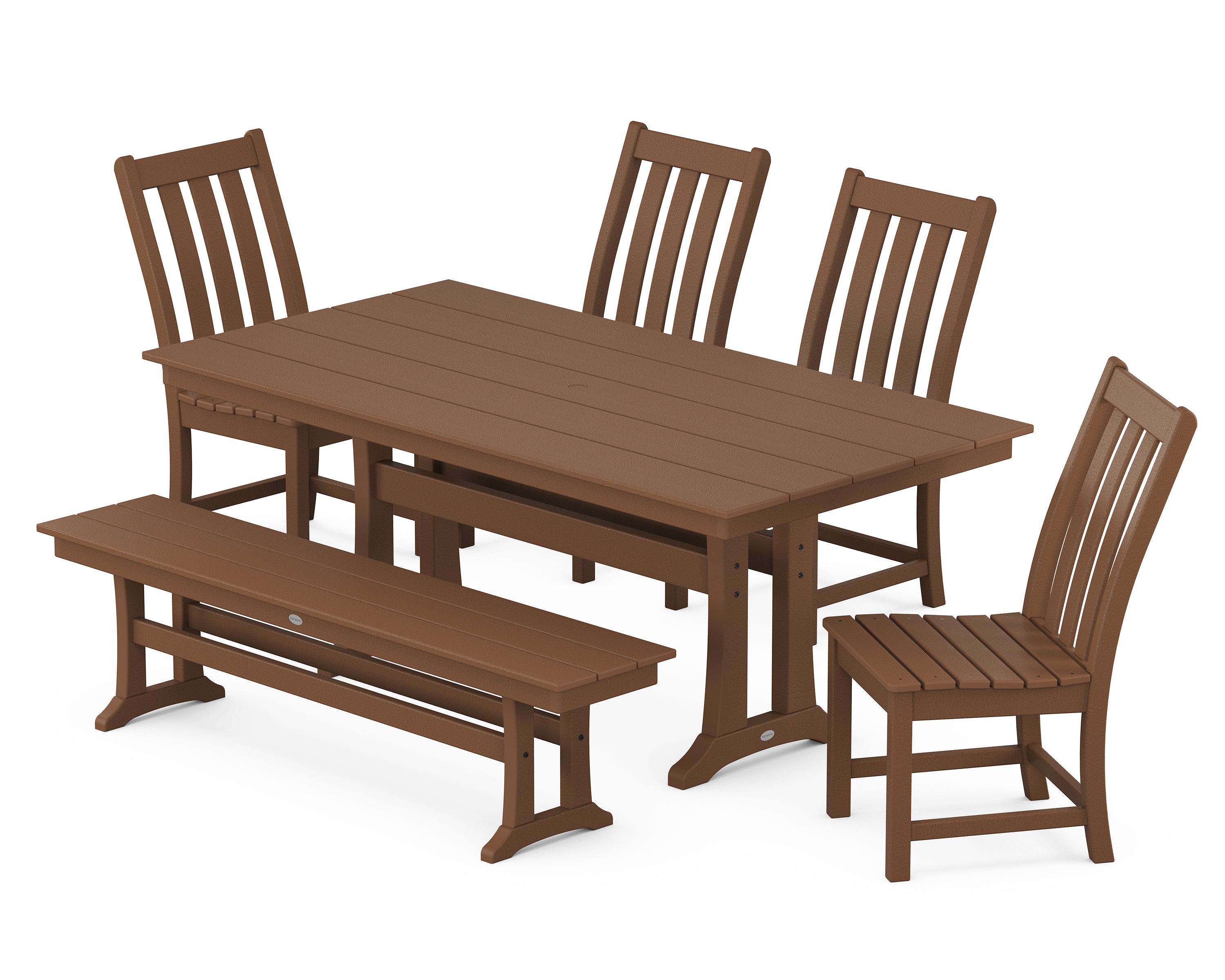 POLYWOOD® Vineyard Side Chair 6-Piece Farmhouse Dining Set with Trestle Legs and Bench in Teak