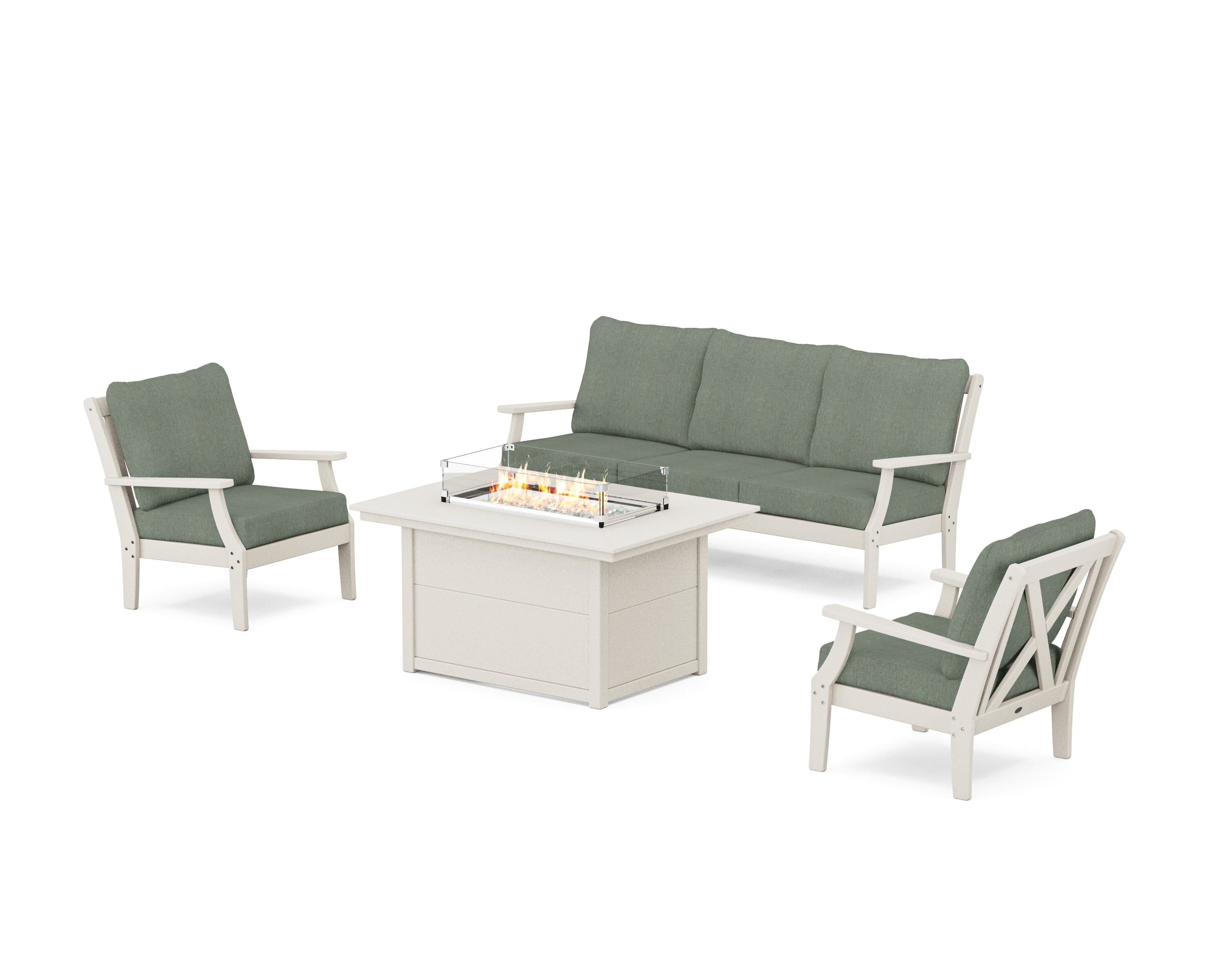 POLYWOOD® Braxton Deep Seating Fire Pit Table Set in Sand / Cast Sage