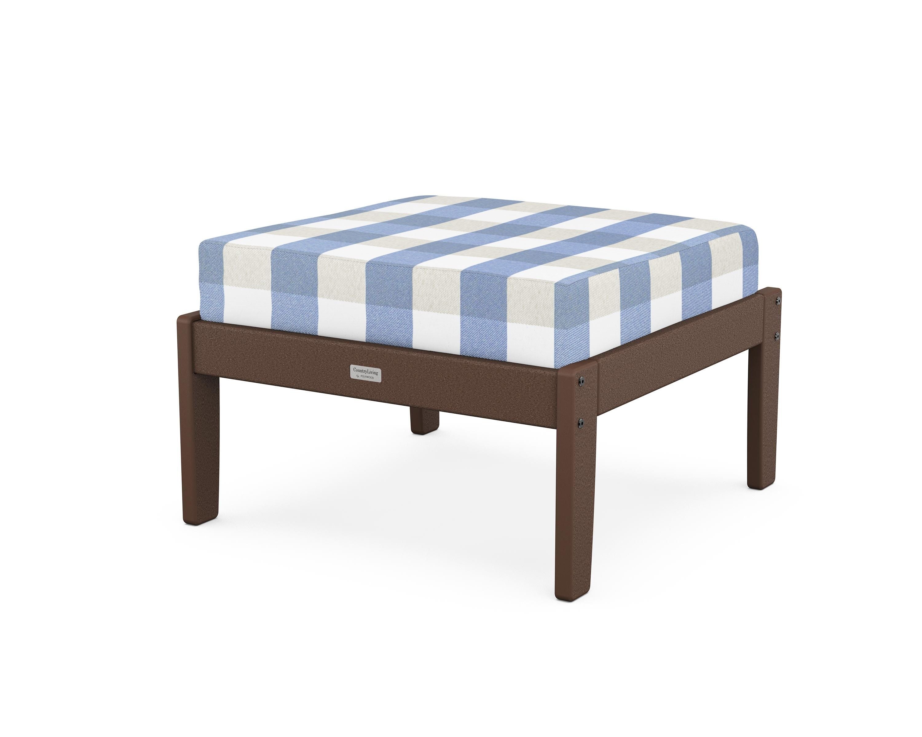 Country Living Cottage Deep Seating Ottoman in Mahogany / Buffalo Plaid Sky Blue