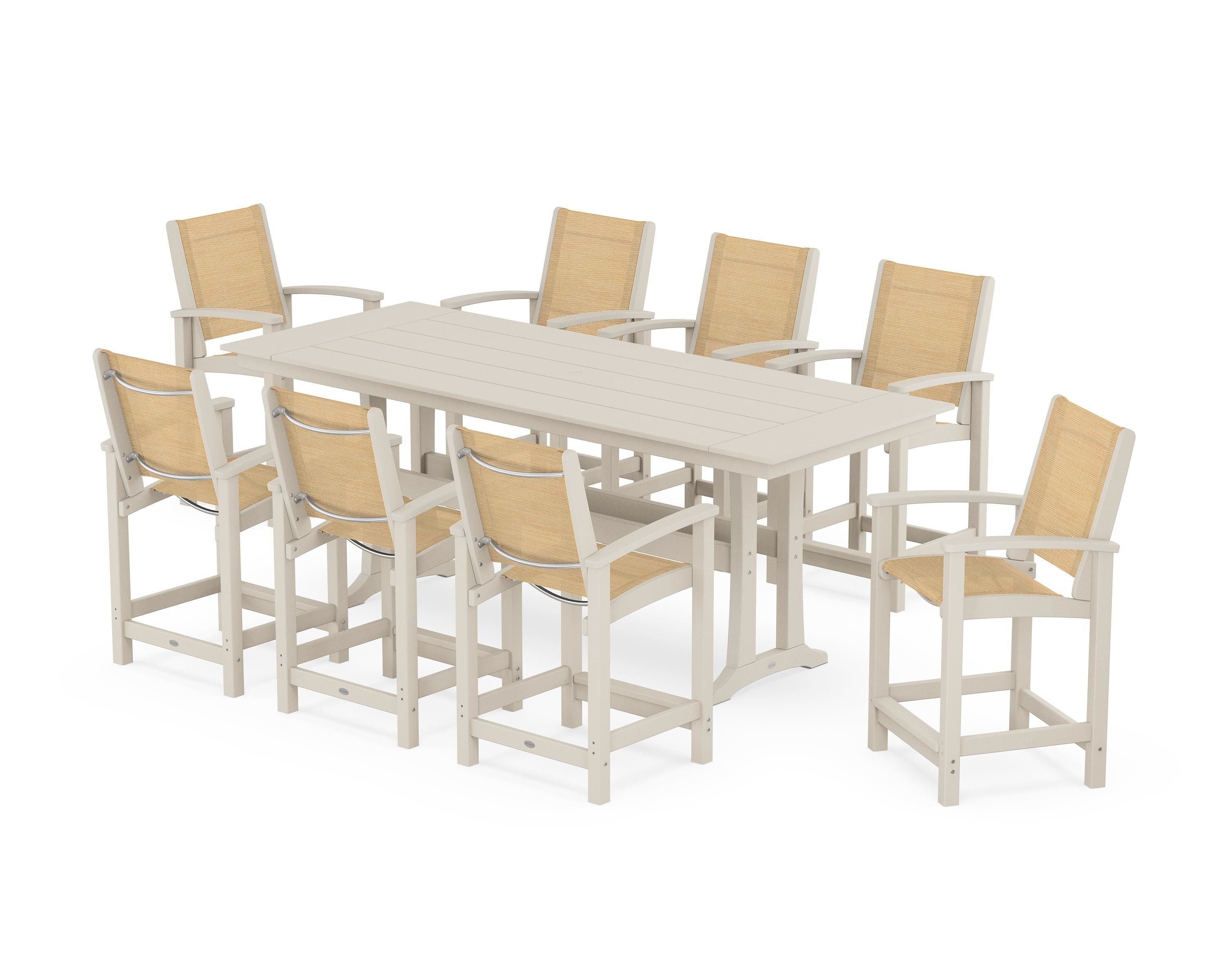 POLYWOOD® Coastal 9-Piece Farmhouse Counter Set with Trestle Legs in Sand / Dupioni Apricot Sling