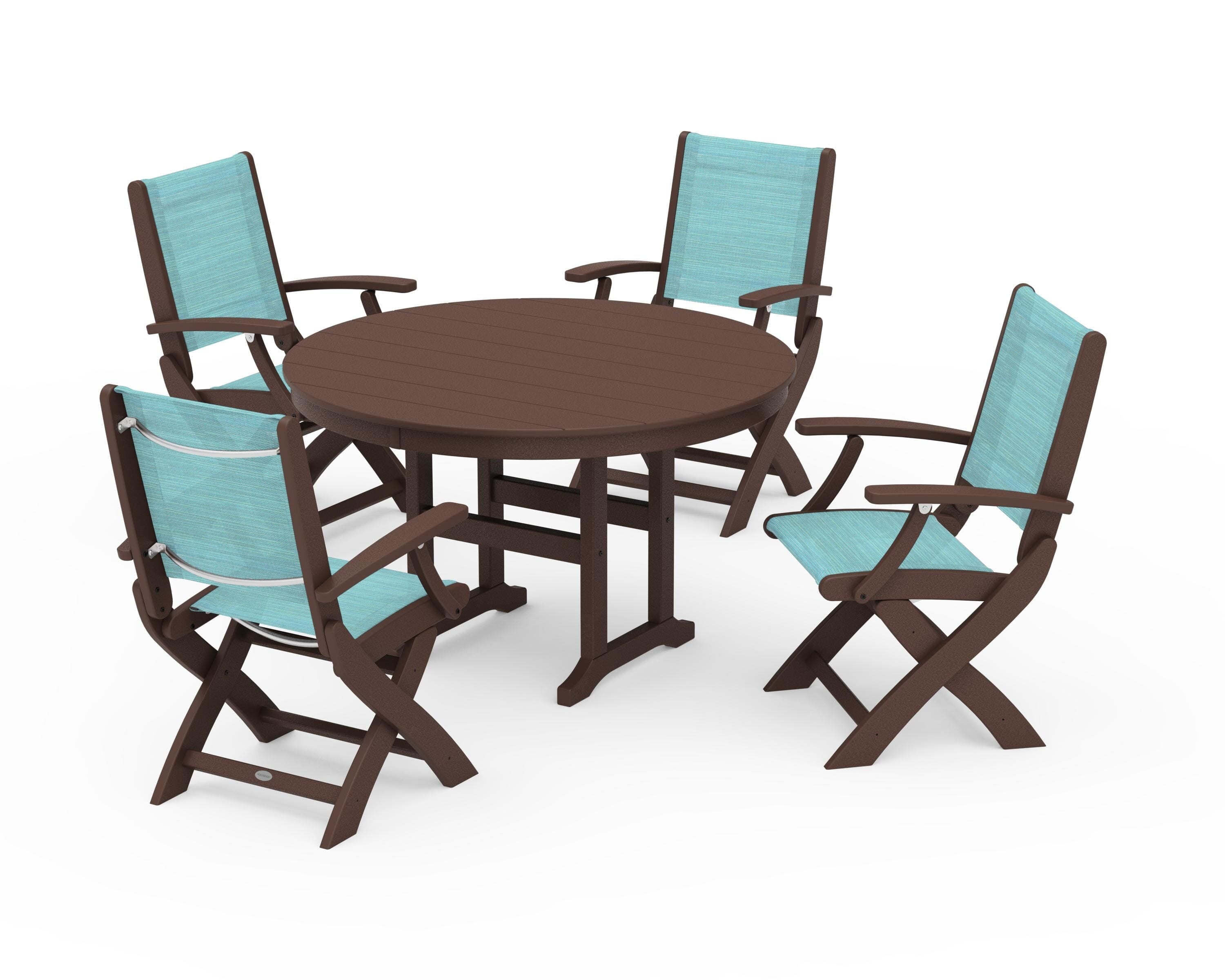 POLYWOOD® Coastal Folding Chair 5-Piece Round Dining Set in Mahogany / Dupioni Aquamarine Sling