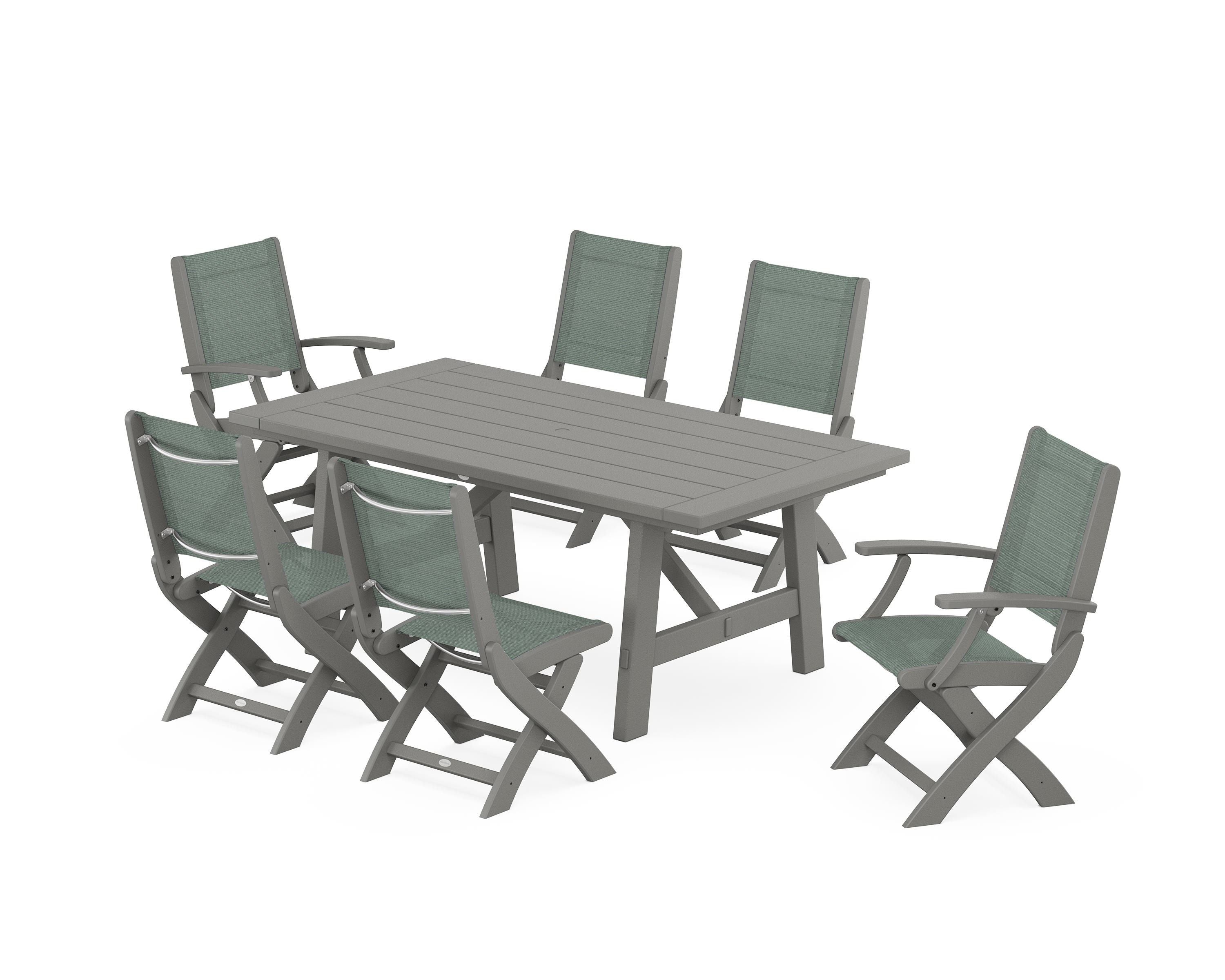 POLYWOOD® Coastal Folding Chair 7-Piece Rustic Farmhouse Dining Set in Slate Grey / Dupioni Sea Mist Sling