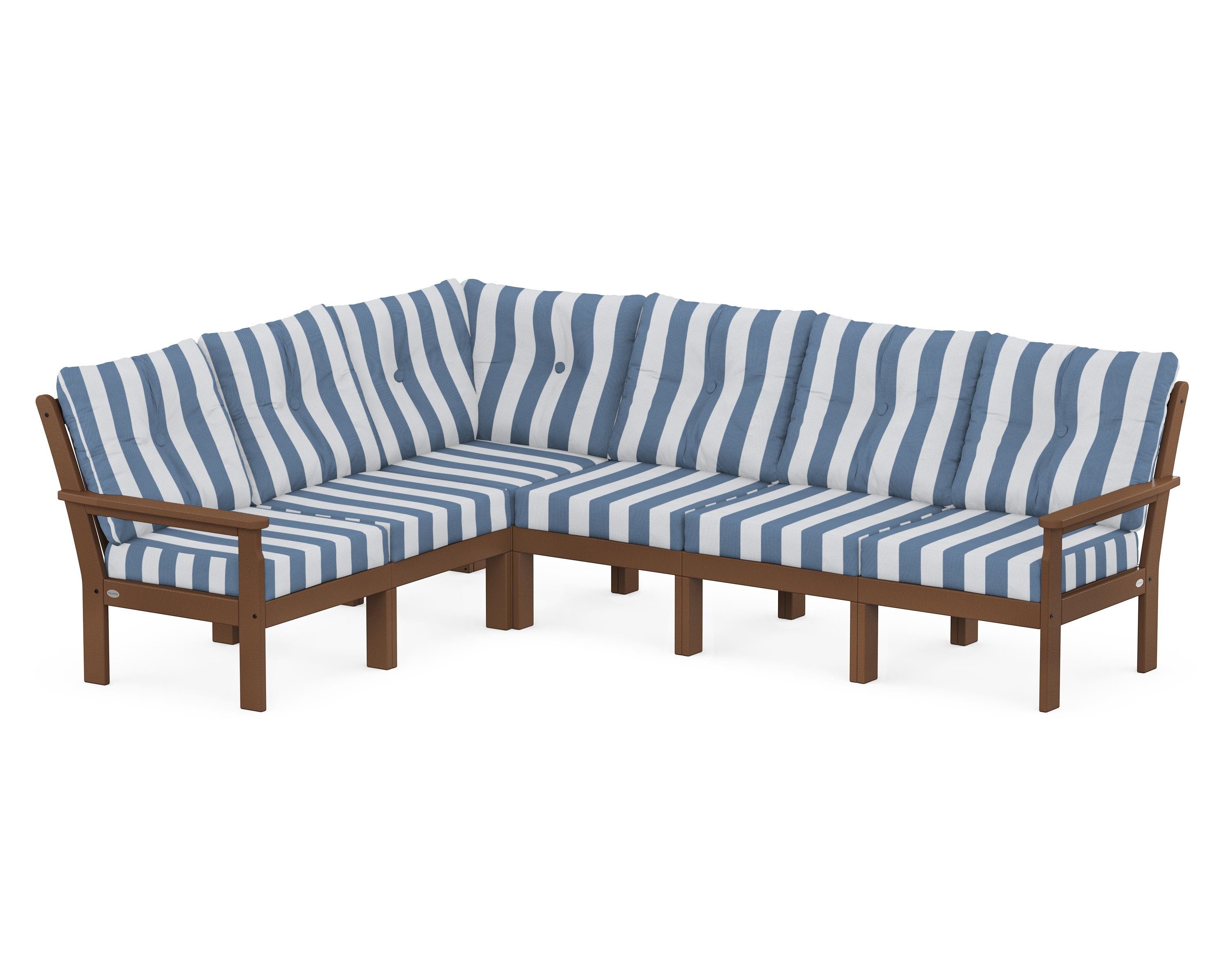 POLYWOOD® Vineyard 6-Piece Sectional in Teak / Cabana Stripe Sky Blue