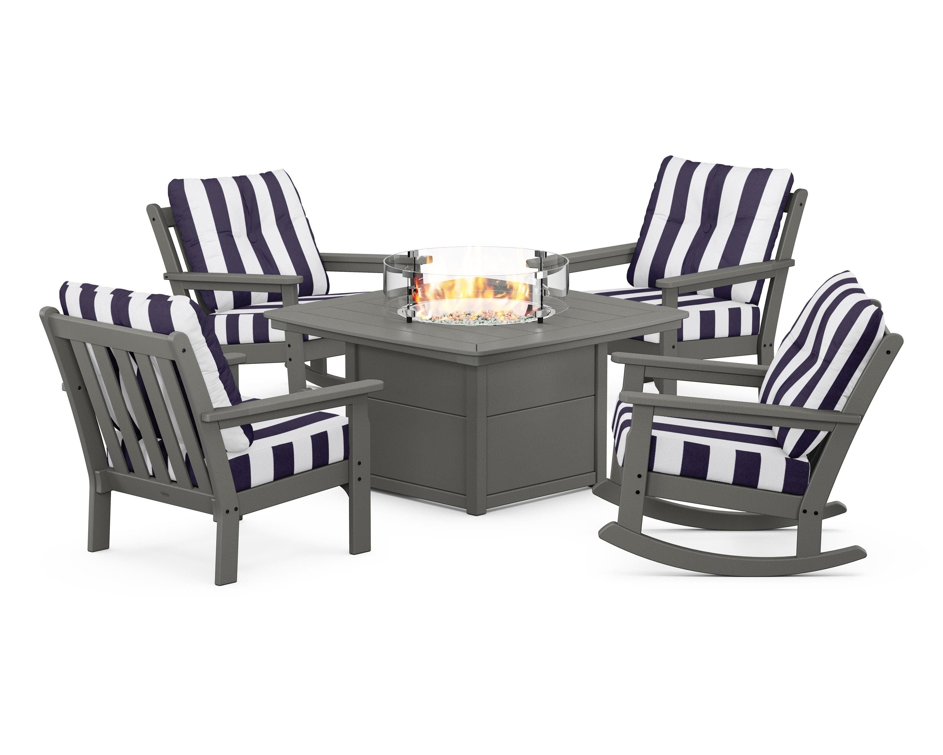 POLYWOOD® Vineyard 5-Piece Deep Seating Rocking Chair Conversation Set with Fire Pit Table in Slate Grey / Cabana Stripe Navy