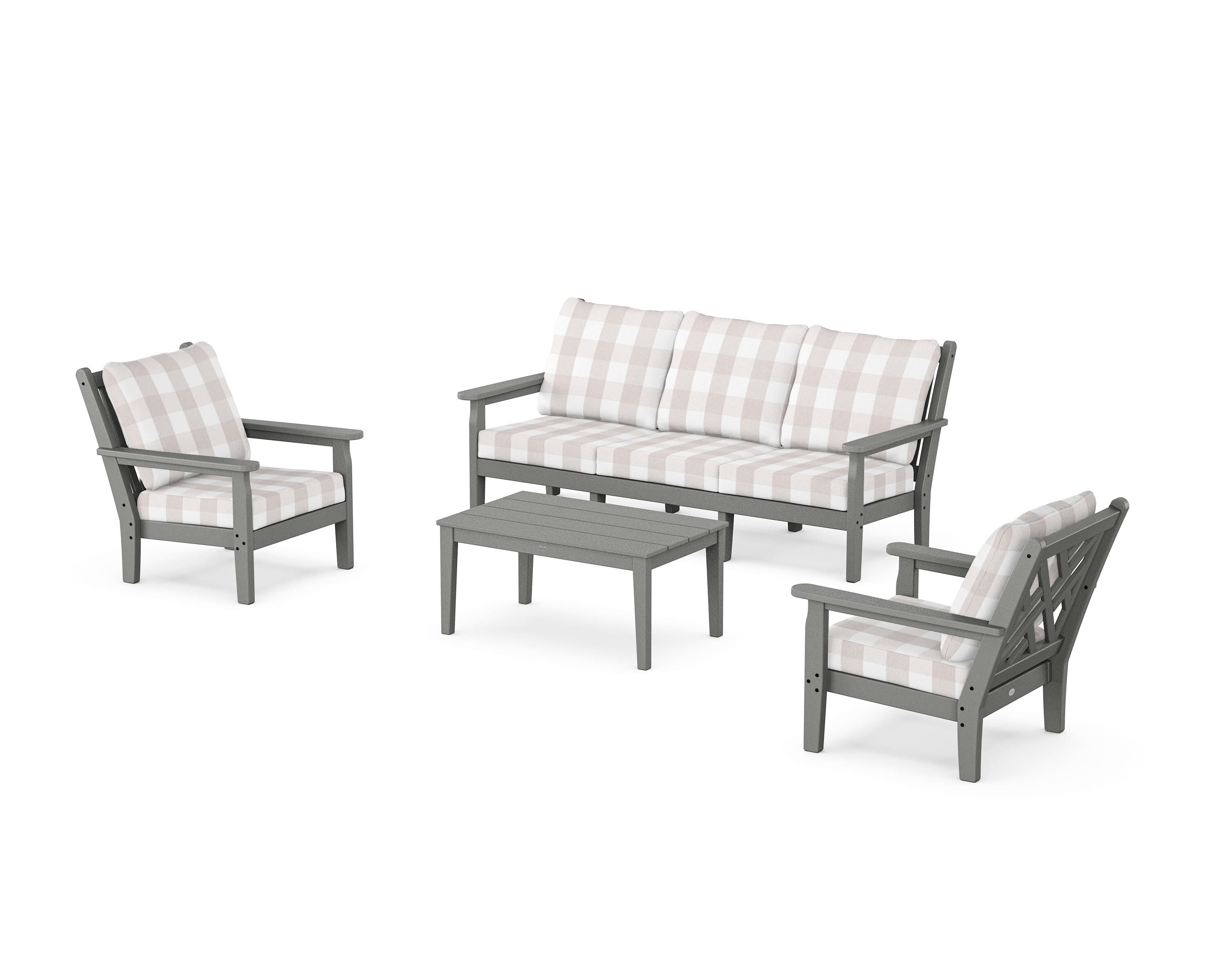 POLYWOOD® Chippendale 4-Piece Deep Seating Set with Sofa in Slate Grey / Buffalo Plaid Dune Burlap
