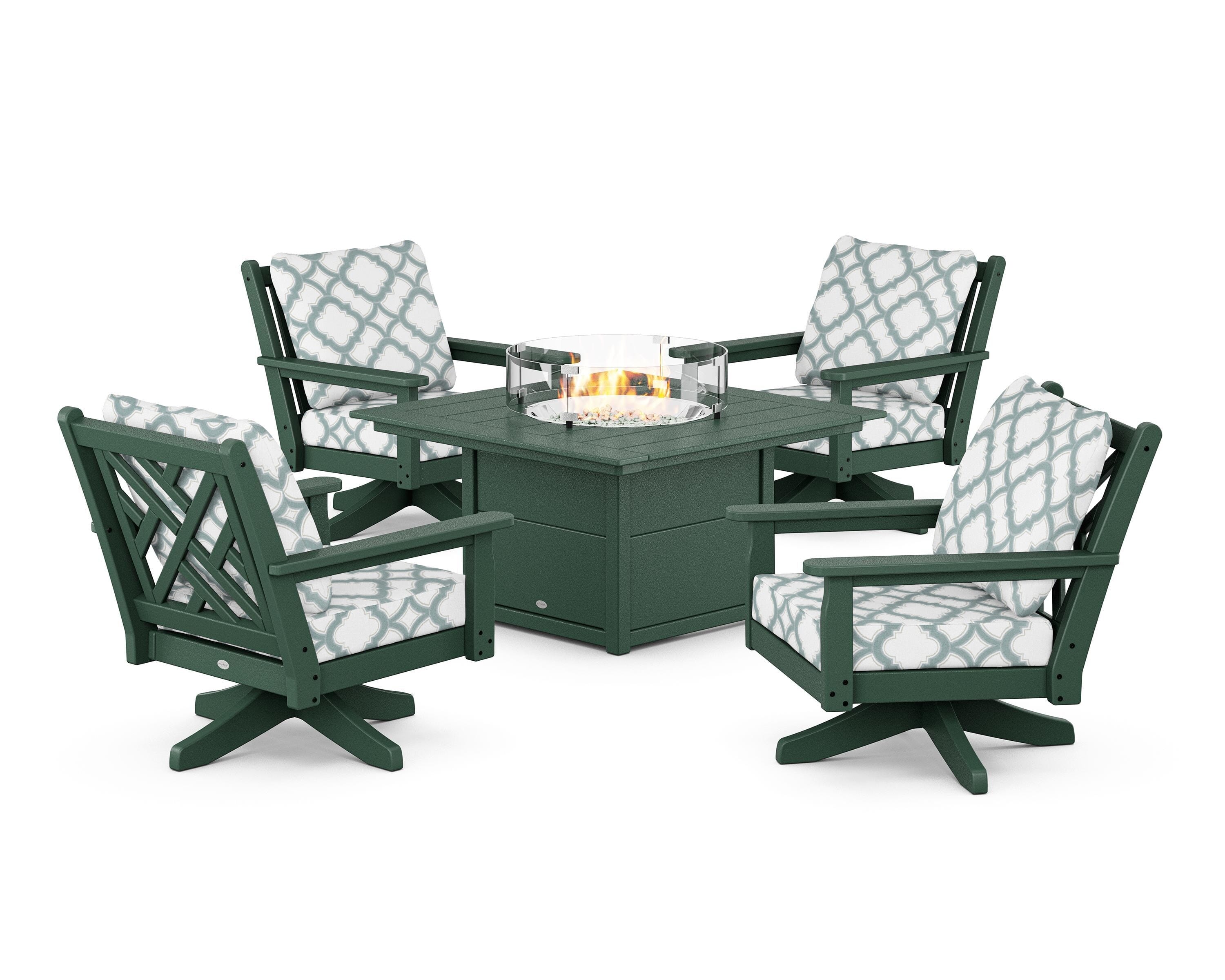 POLYWOOD® Chippendale 5-Piece Deep Seating Swivel Conversation Set with Fire Pit Table in Green / Trellis Glacier Spa