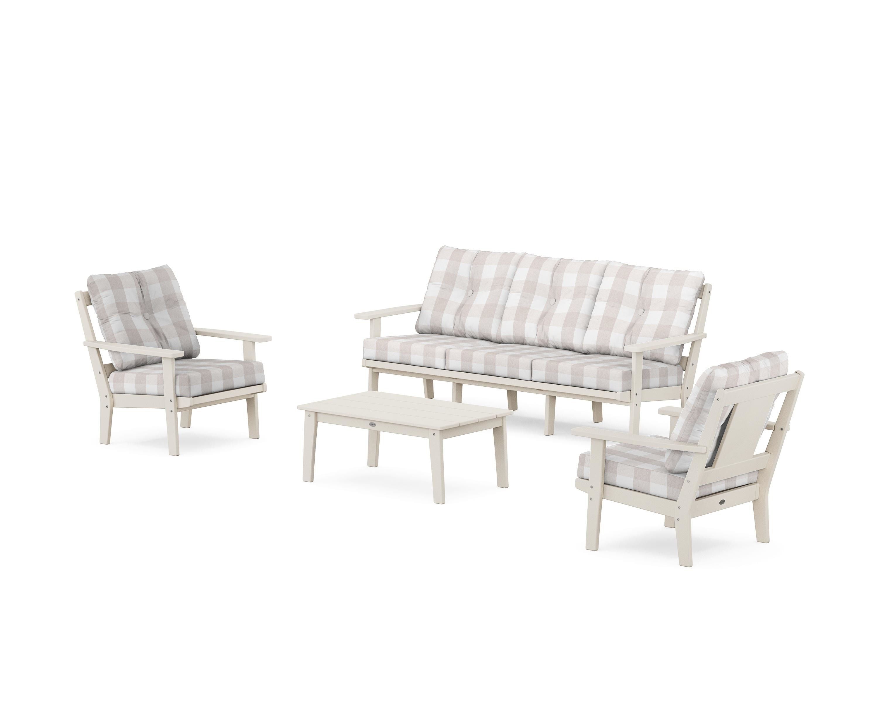 POLYWOOD® Prairie 4-Piece Deep Seating Set with Sofa in Sand / Buffalo Plaid Dune Burlap