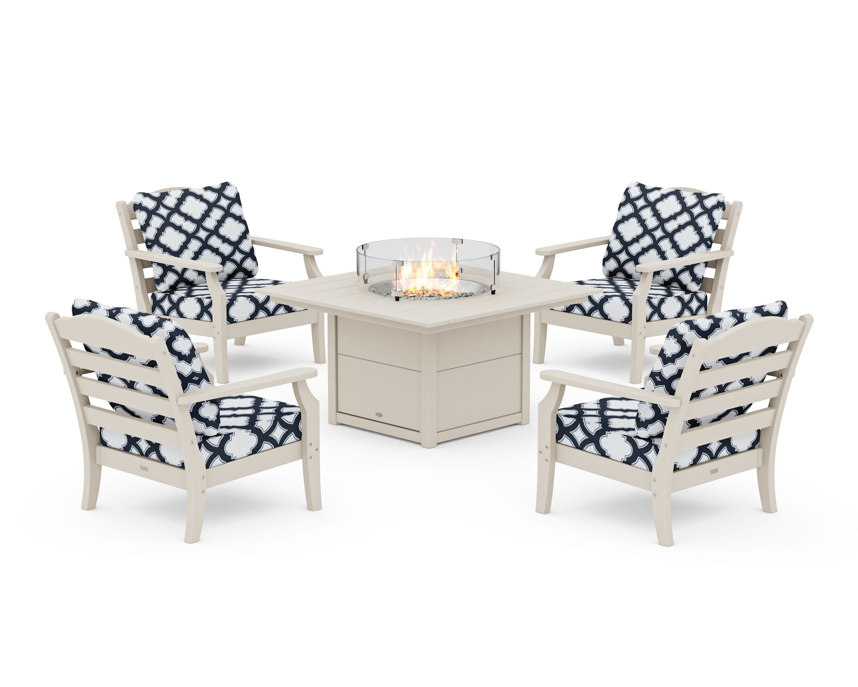 Draper James™ by POLYWOOD® Savannah 5-Piece Deep Seating Set with Fire Pit Table in Sand / Trellis Marine Indigo