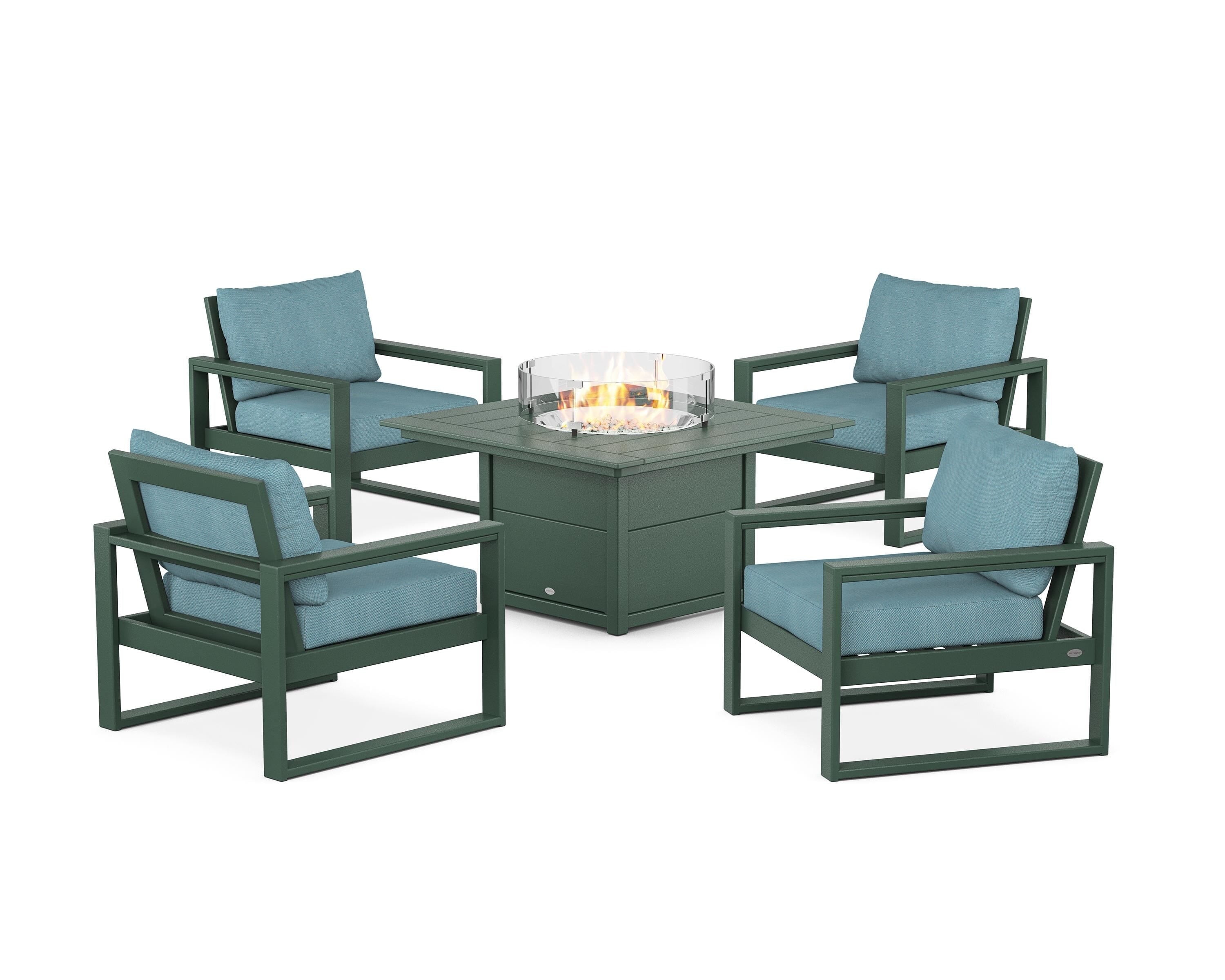 POLYWOOD® EDGE Sectional 5-Piece Deep Seating Set with Fire Pit Table in Green / Lattice Sky Blue