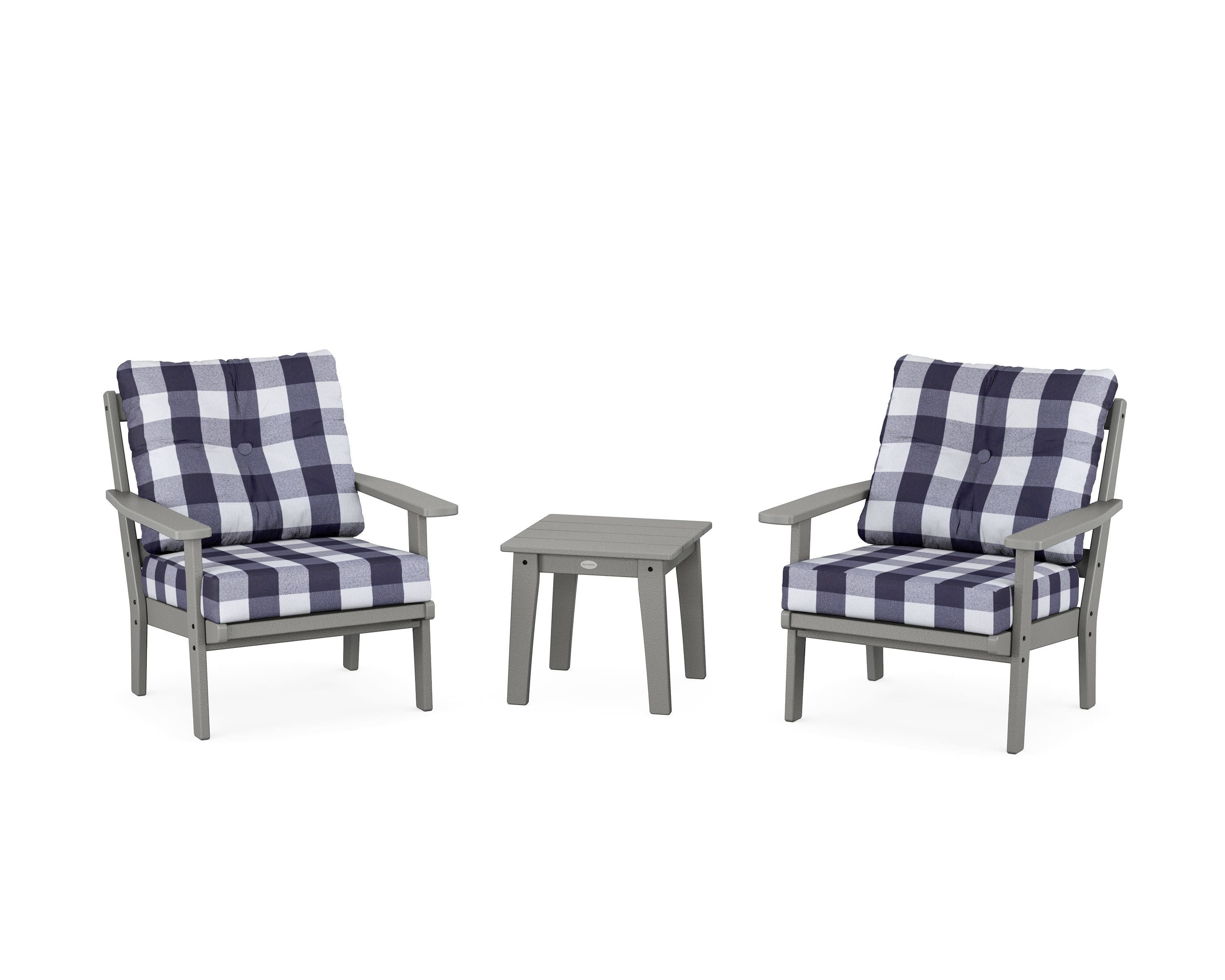 POLYWOOD® Oxford 3-Piece Deep Seating Set in Slate Grey / Buffalo Plaid Navy