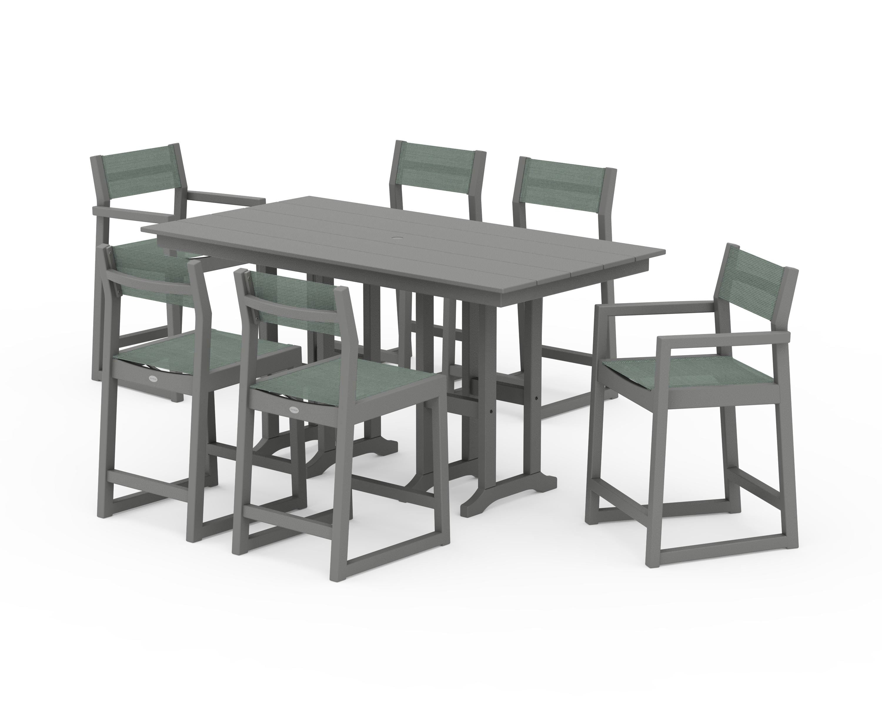 POLYWOOD® EDGE Sling 7-Piece Farmhouse Counter Set with Trestle Legs in Slate Grey / Dupioni Sea Mist Sling