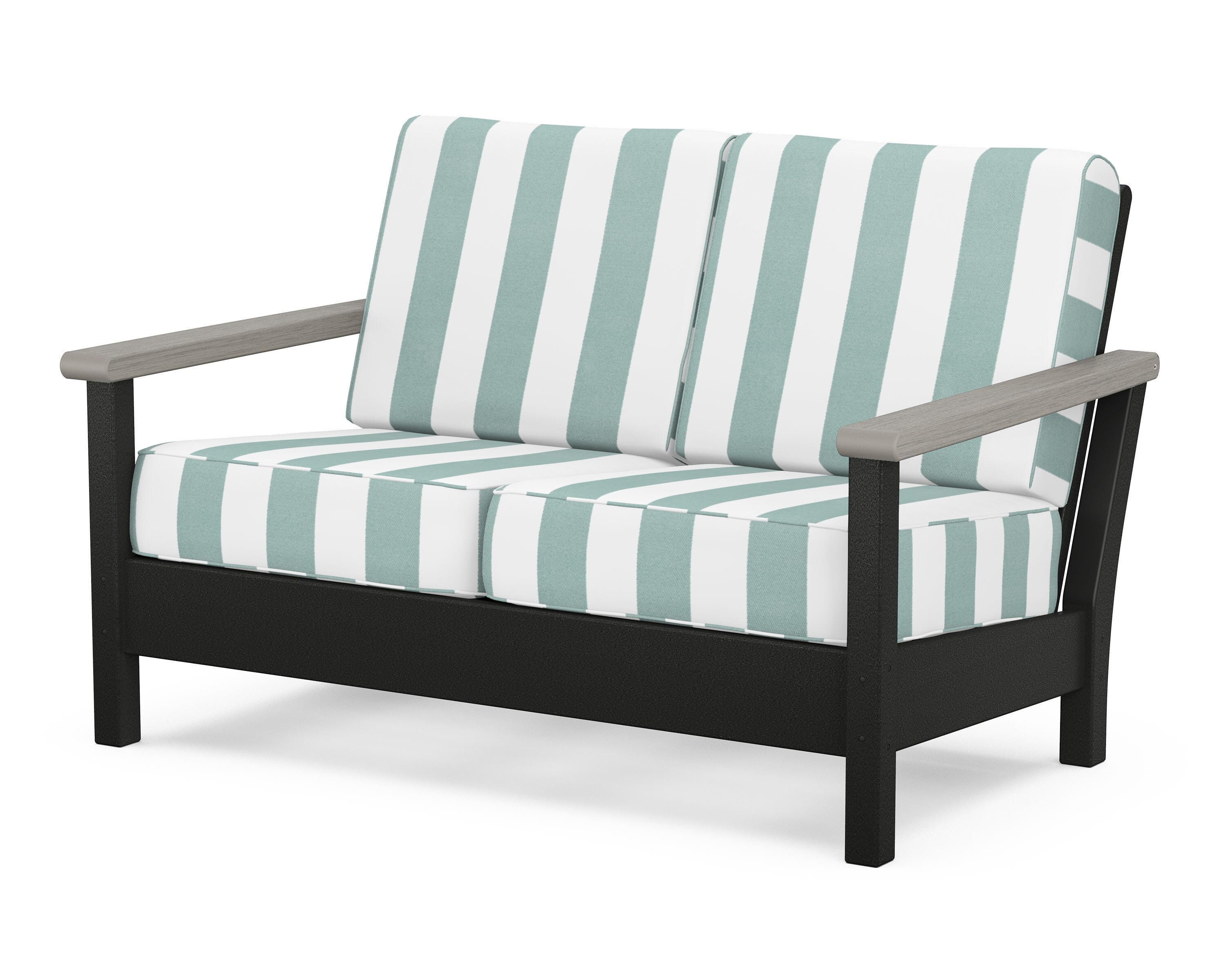 POLYWOOD® Harbour Deep Seating Loveseat in Black / Driftwood / Cabana Stripe Glacier Spa