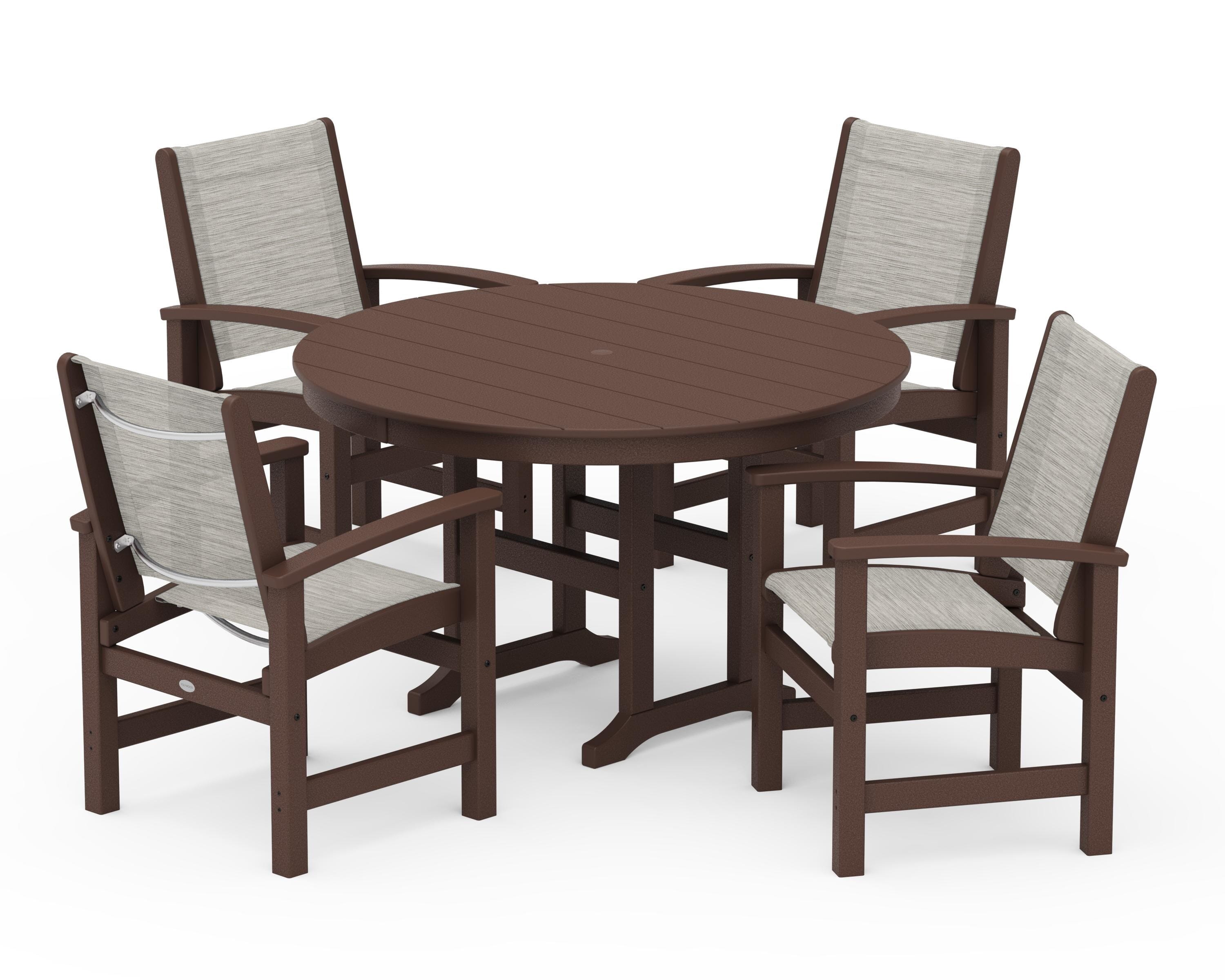 POLYWOOD® Coastal 5-Piece Round Farmhouse Dining Set in Mahogany / Birch Sling