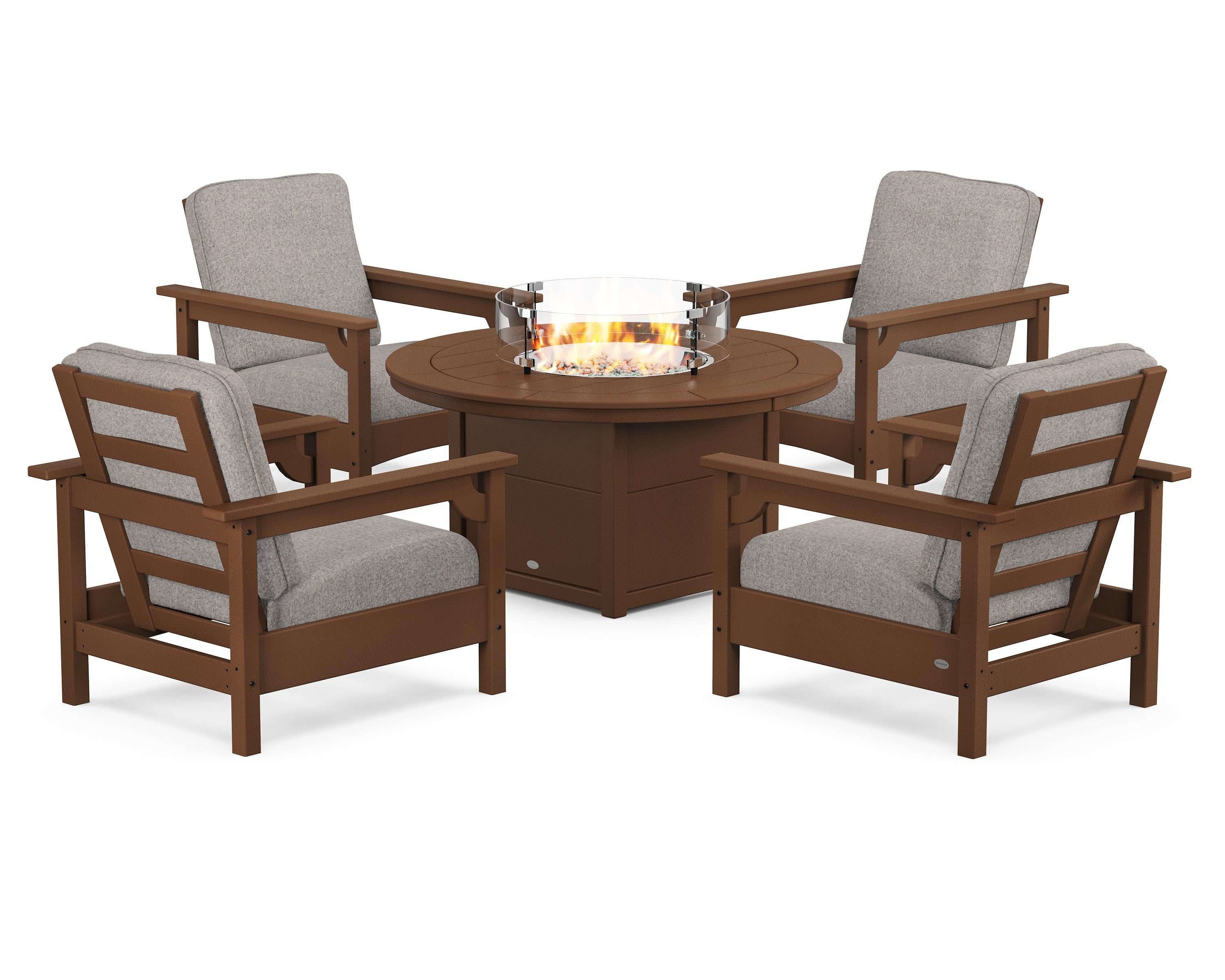 POLYWOOD® Club 5-Piece Conversation Set with Fire Pit Table in Teak / Weathered Tweed
