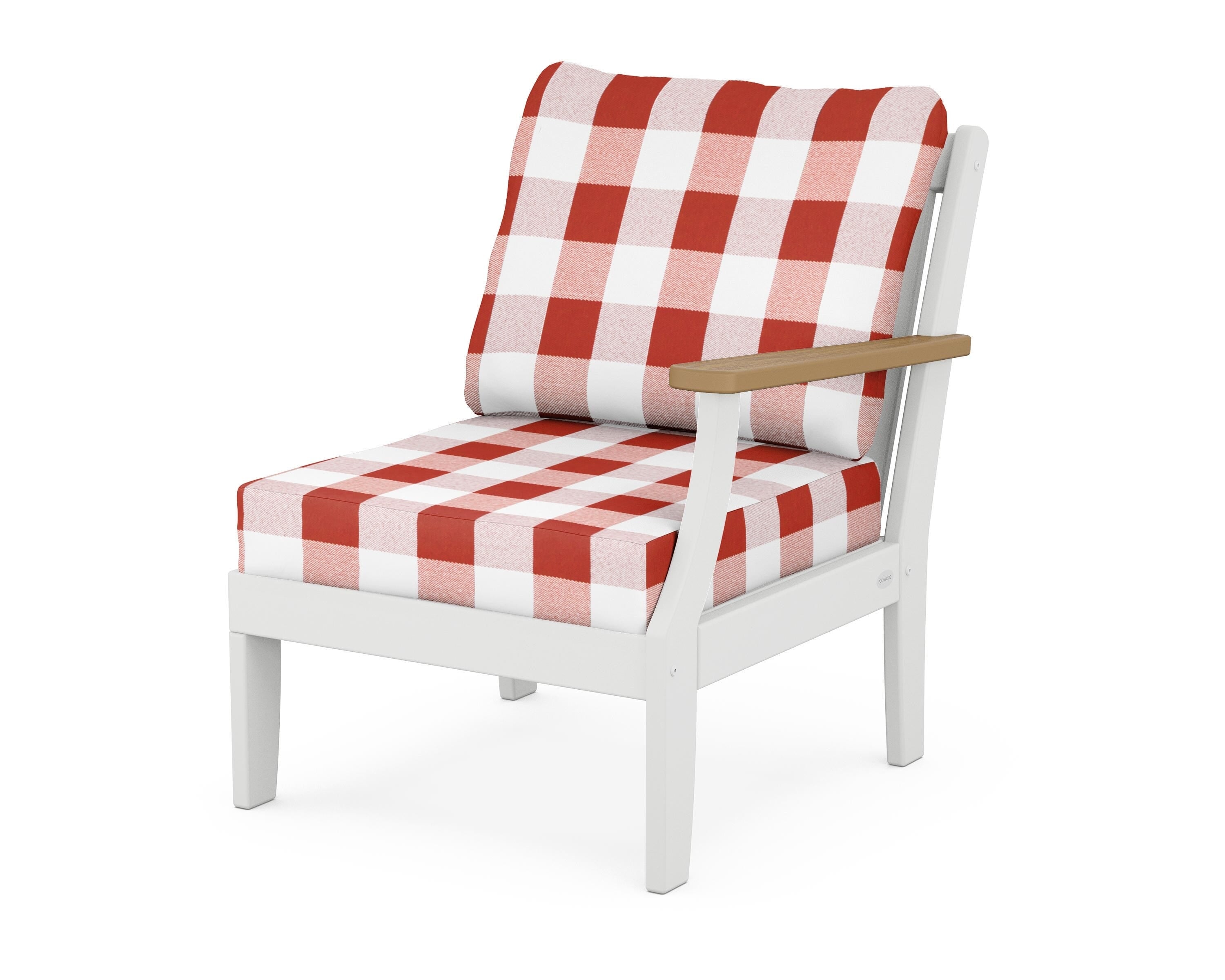 POLYWOOD® Braxton Modular Right Arm Chair in White / Natural / Buffalo Plaid Crimson