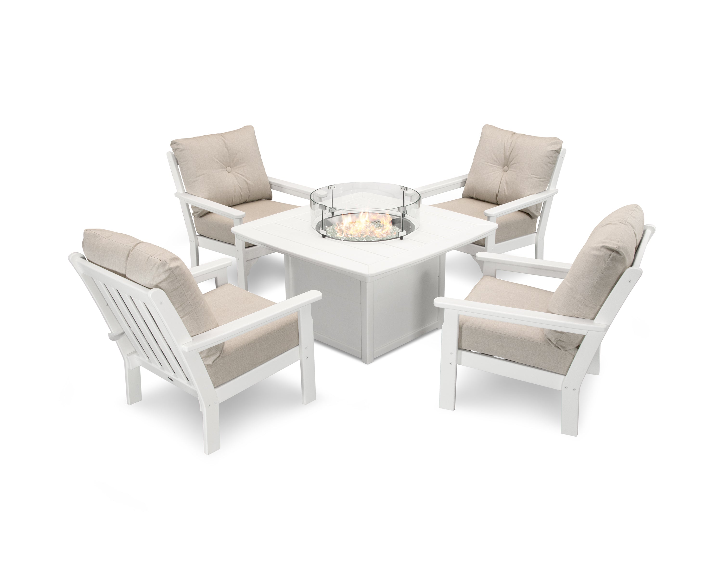 POLYWOOD® Vineyard 5-Piece Conversation Set with Fire Pit Table in White / Cast Ash