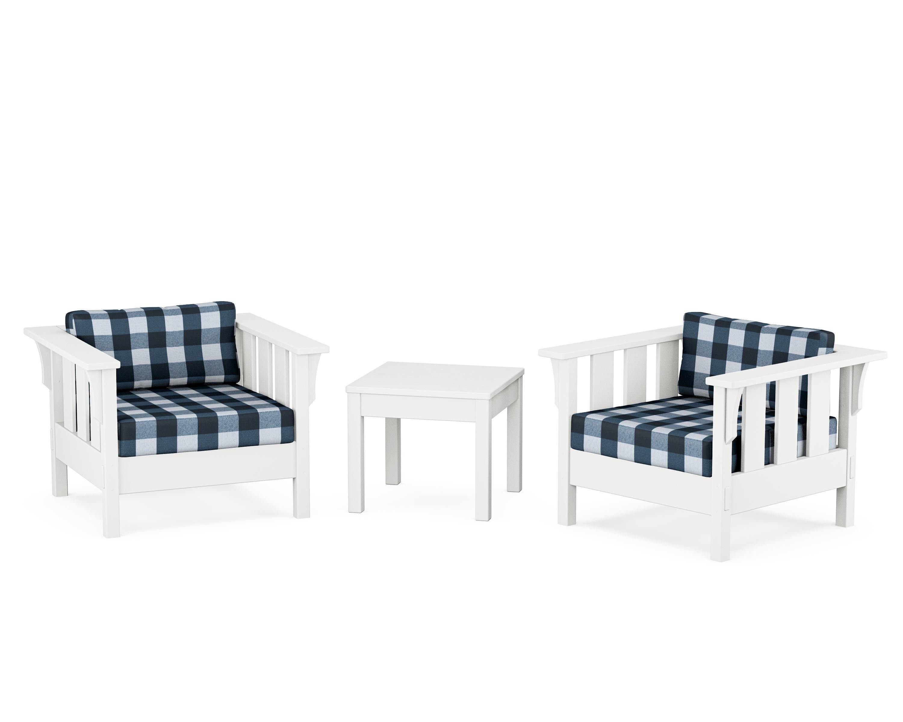 Martha Stewart by POLYWOOD® Acadia 3-Piece Deep Seating Set in White / Buffalo Plaid Marine Indigo