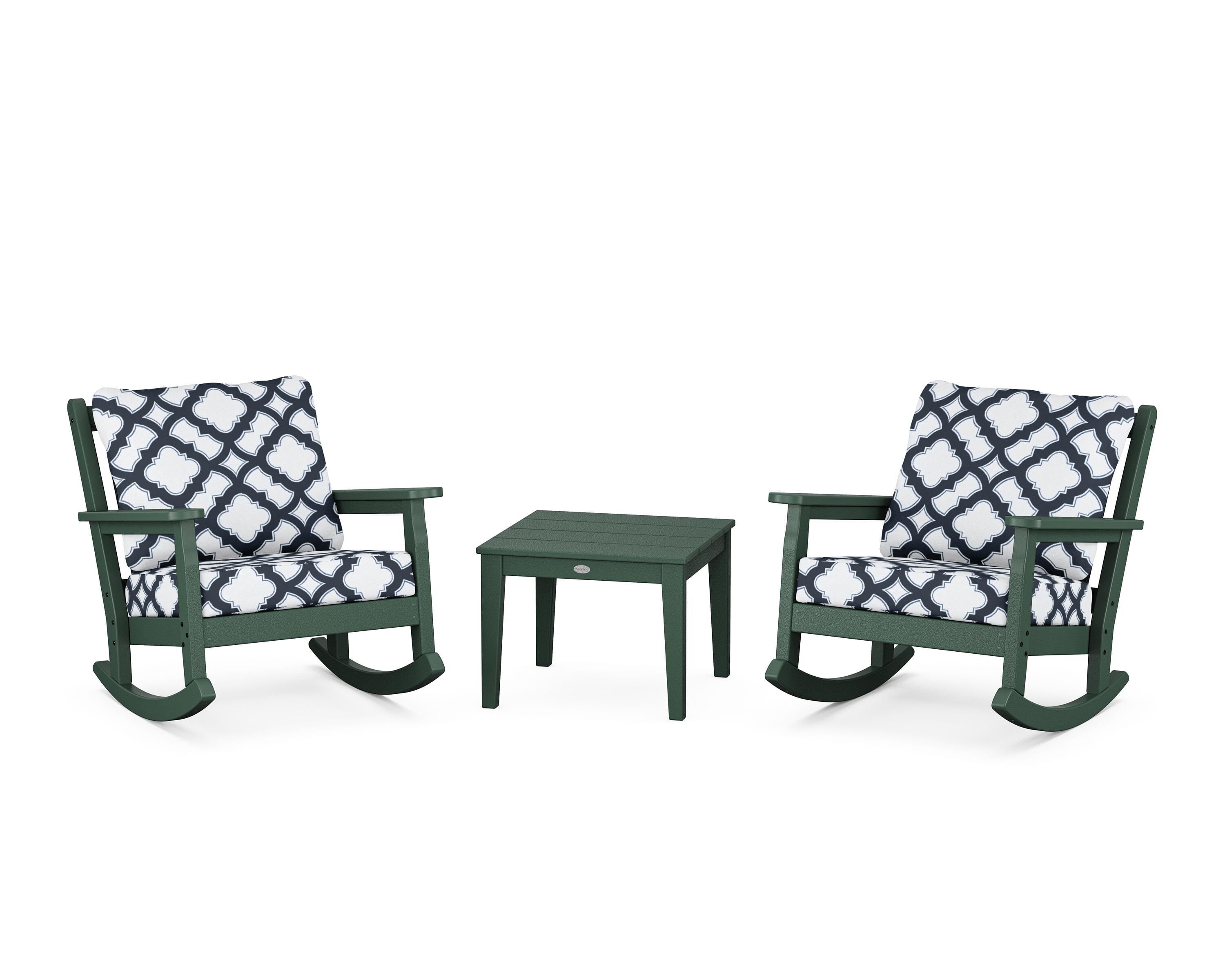 POLYWOOD® Chippendale 3-Piece Deep Seating Rocker Set in Green / Trellis Marine Indigo