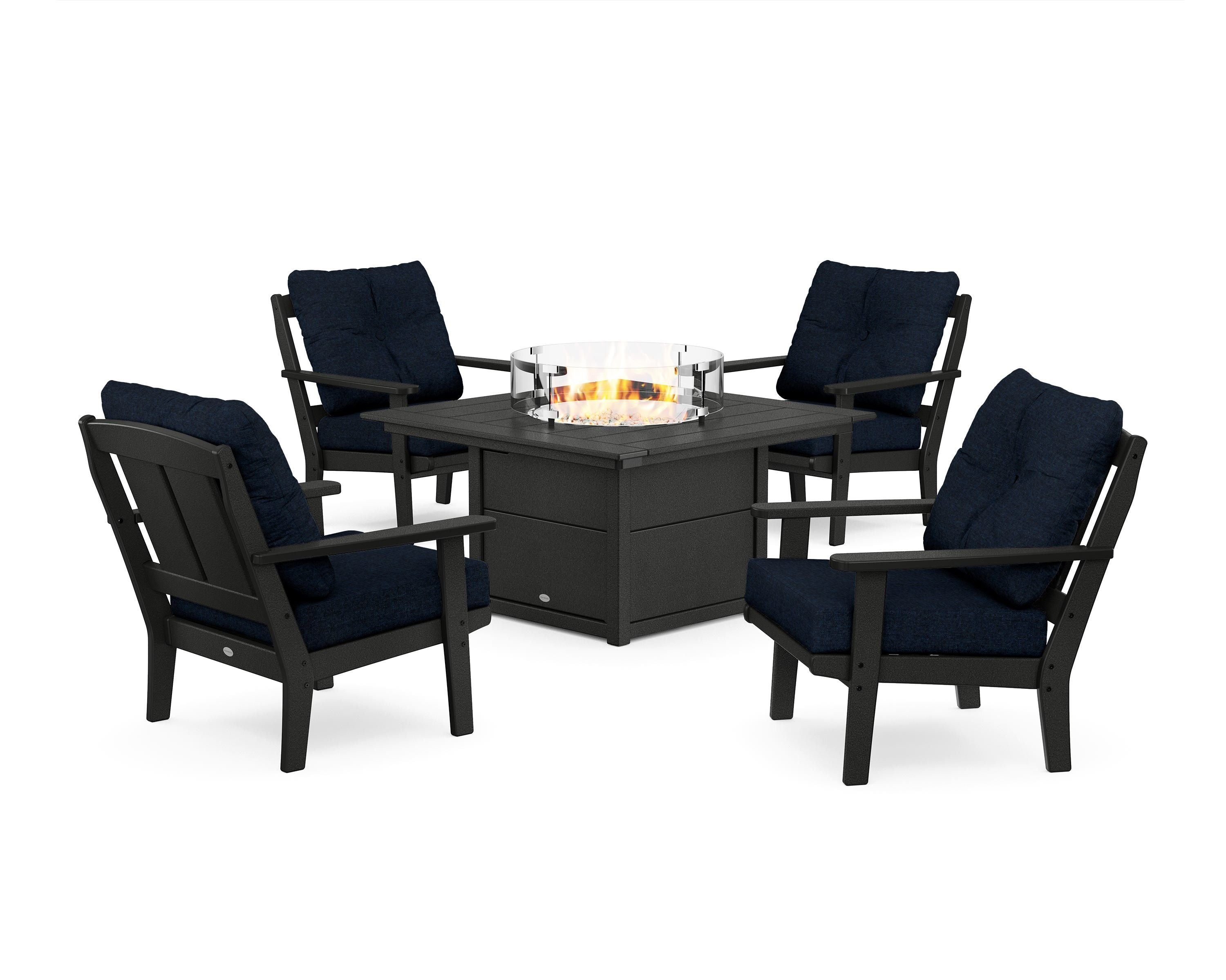POLYWOOD® Mission 5-Piece Deep Seating Set with Fire Pit Table in Black / Marine Indigo