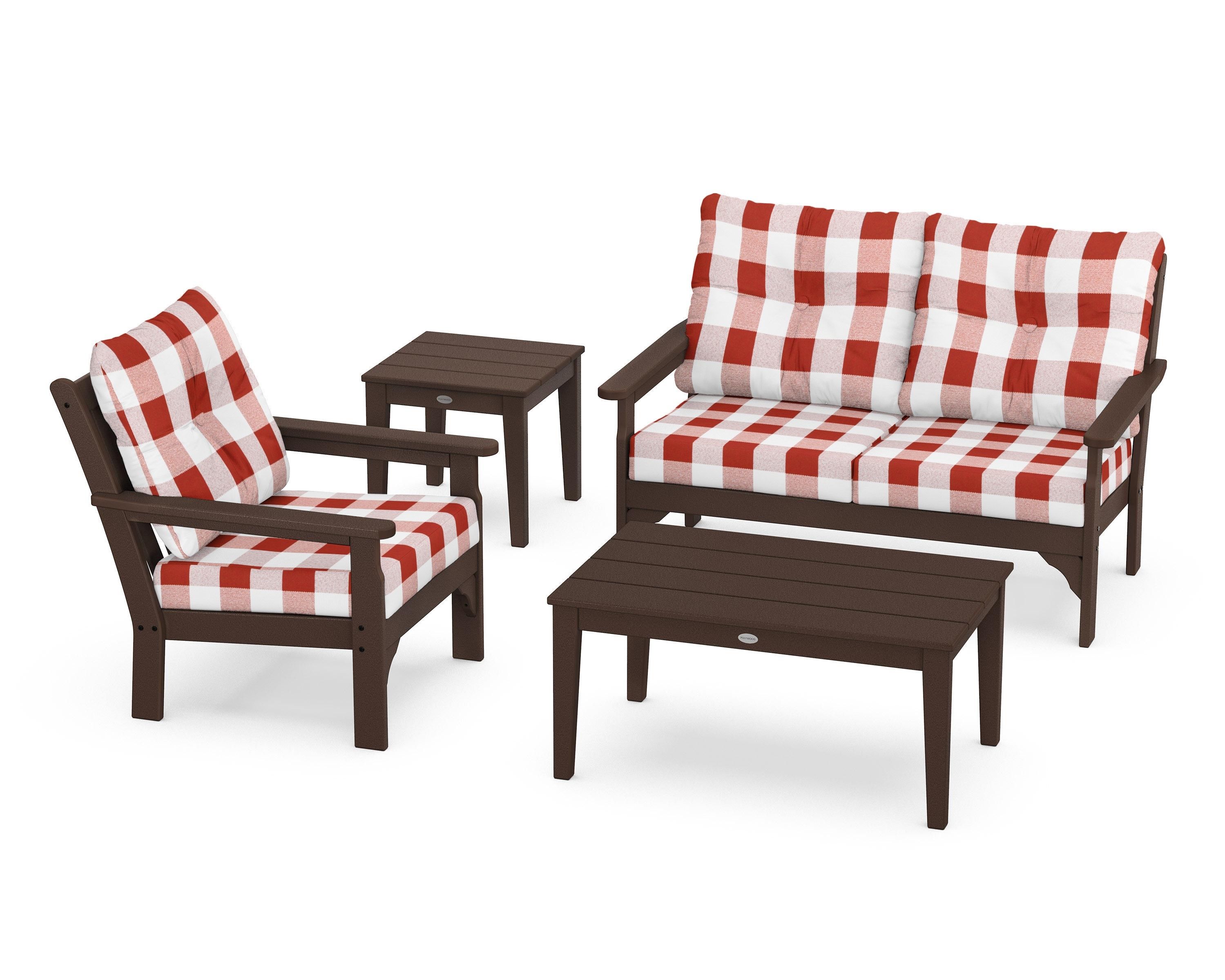 POLYWOOD® Vineyard 4-Piece Deep Seating Set in Mahogany / Buffalo Plaid Crimson