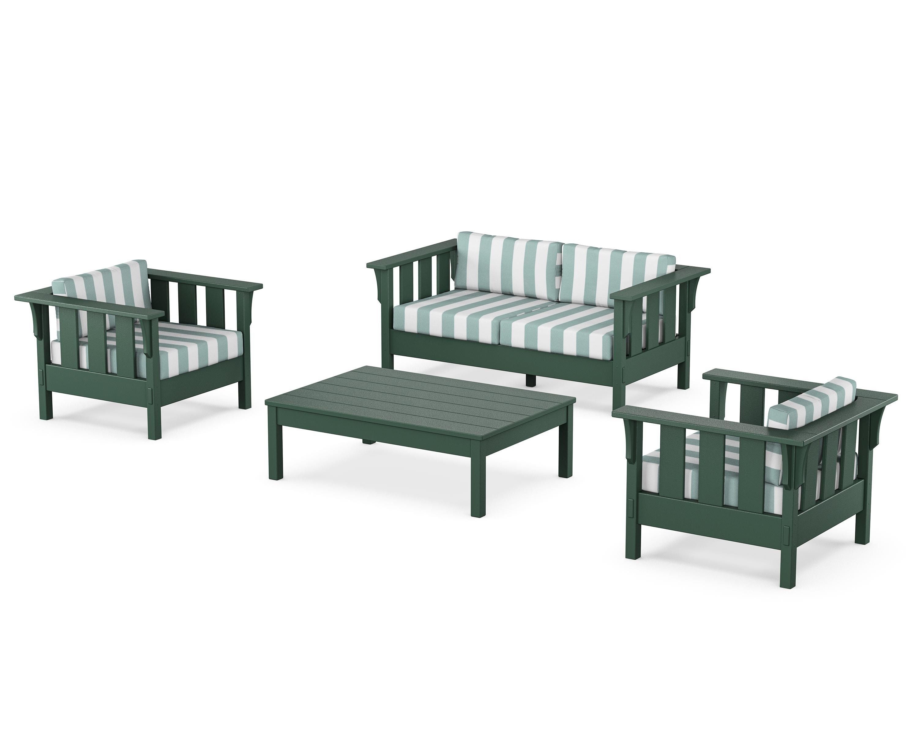 Martha Stewart by POLYWOOD® Acadia 4-Piece Deep Seating Set with Loveseat in Green / Cabana Stripe Glacier Spa