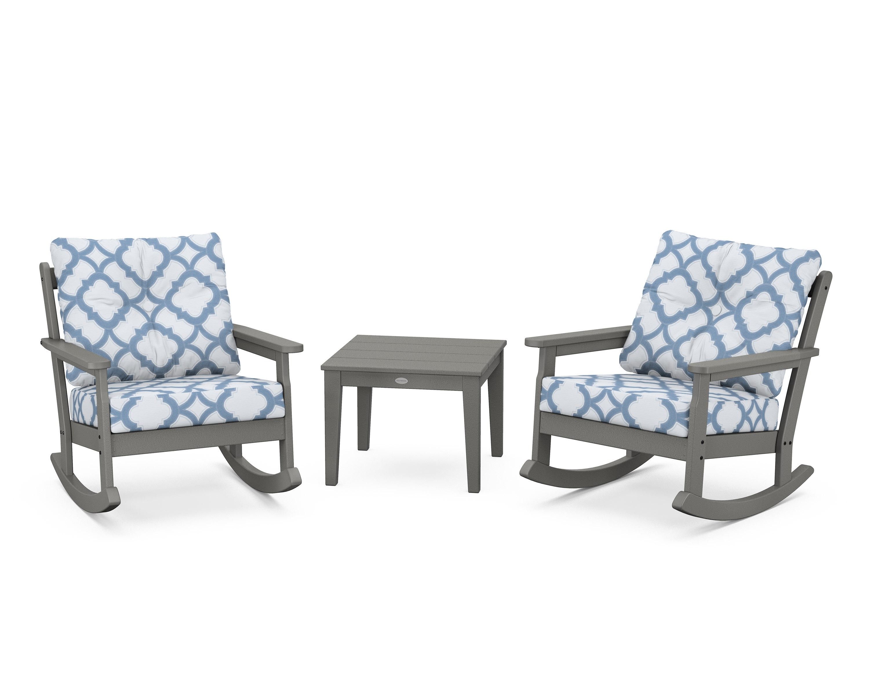 POLYWOOD® Vineyard 3-Piece Deep Seating Rocker Set in Slate Grey / Trellis Sky Blue