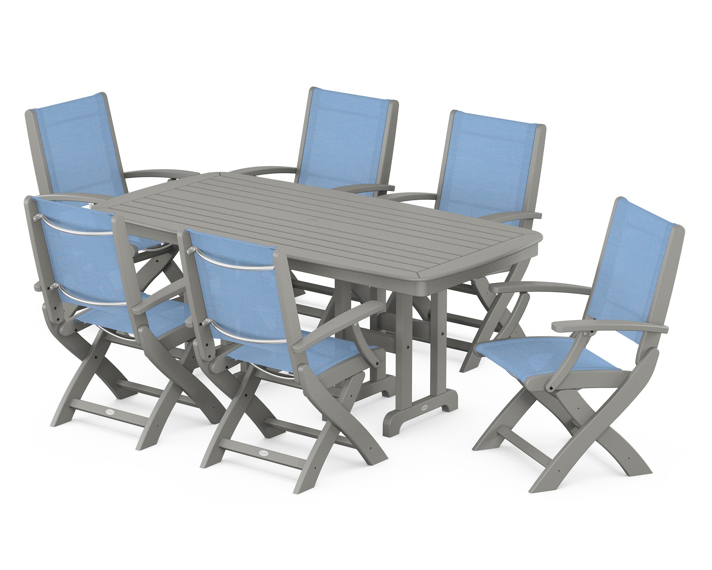 POLYWOOD® Coastal Folding Arm Chair 7-Piece Dining Set in Slate Grey / Poolside Sling