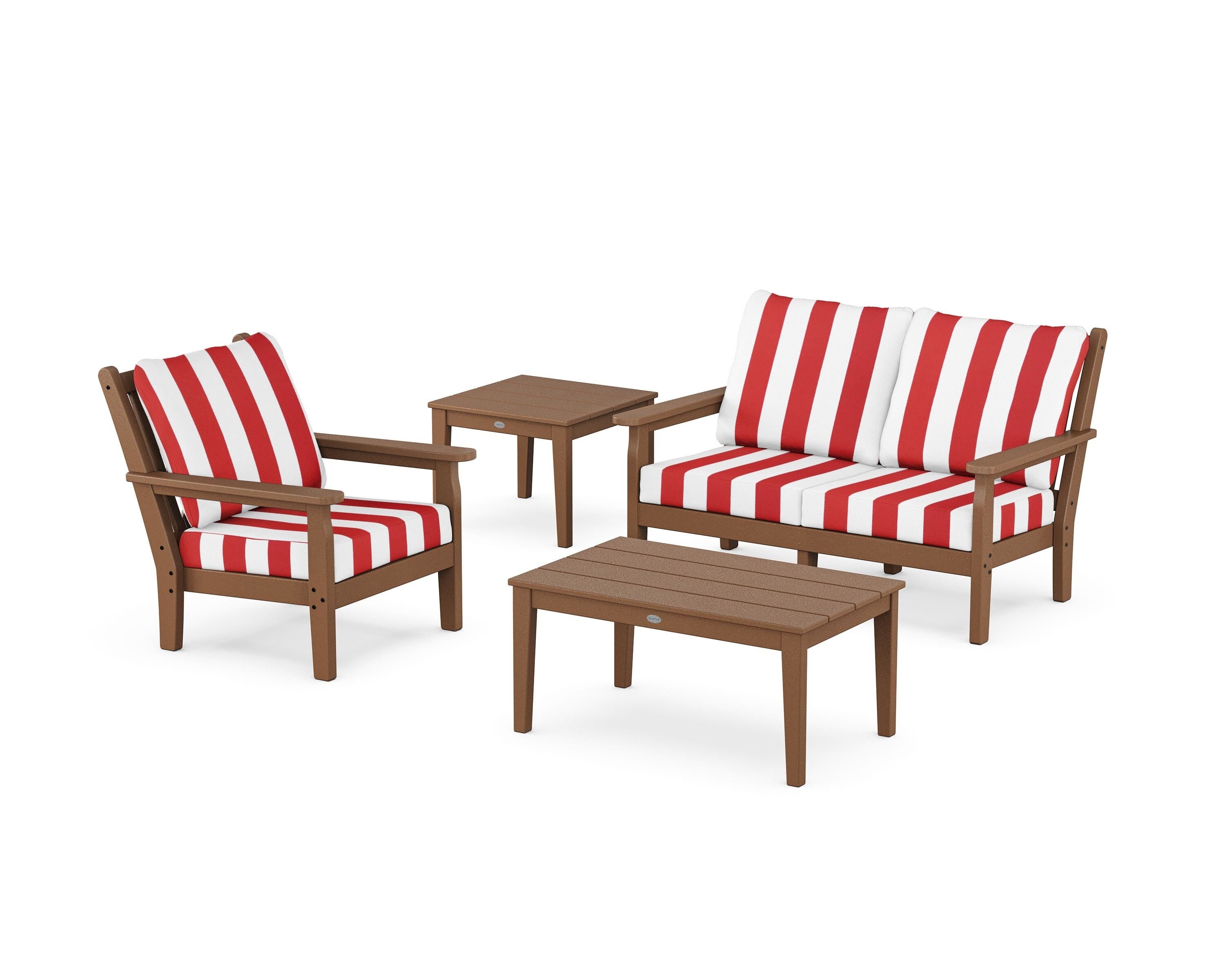 POLYWOOD® Chippendale 4-Piece Deep Seating Set in Teak / Cabana Stripe Crimson