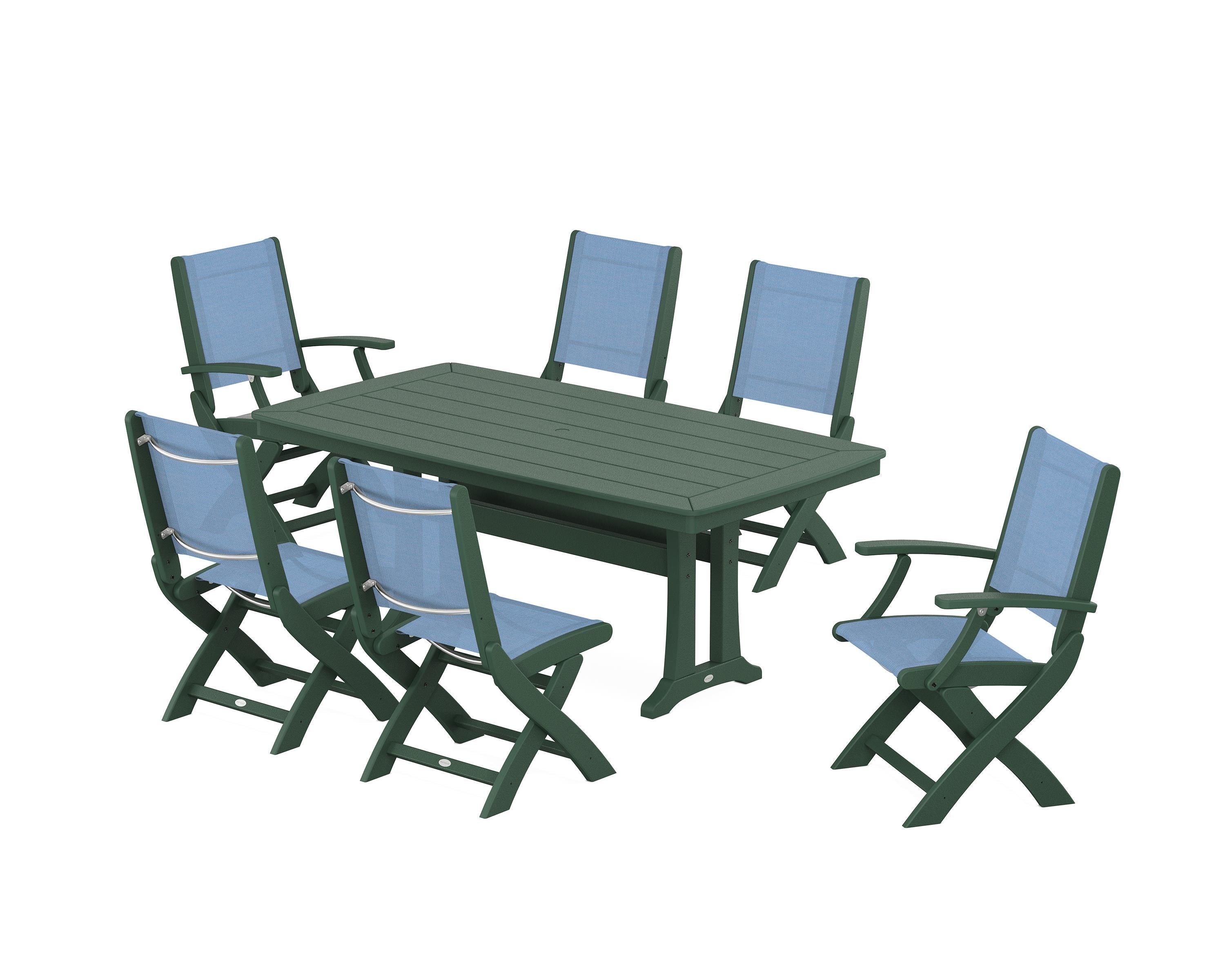 POLYWOOD® Coastal Folding Chair 7-Piece Dining Set with Trestle Legs in Green / Poolside Sling