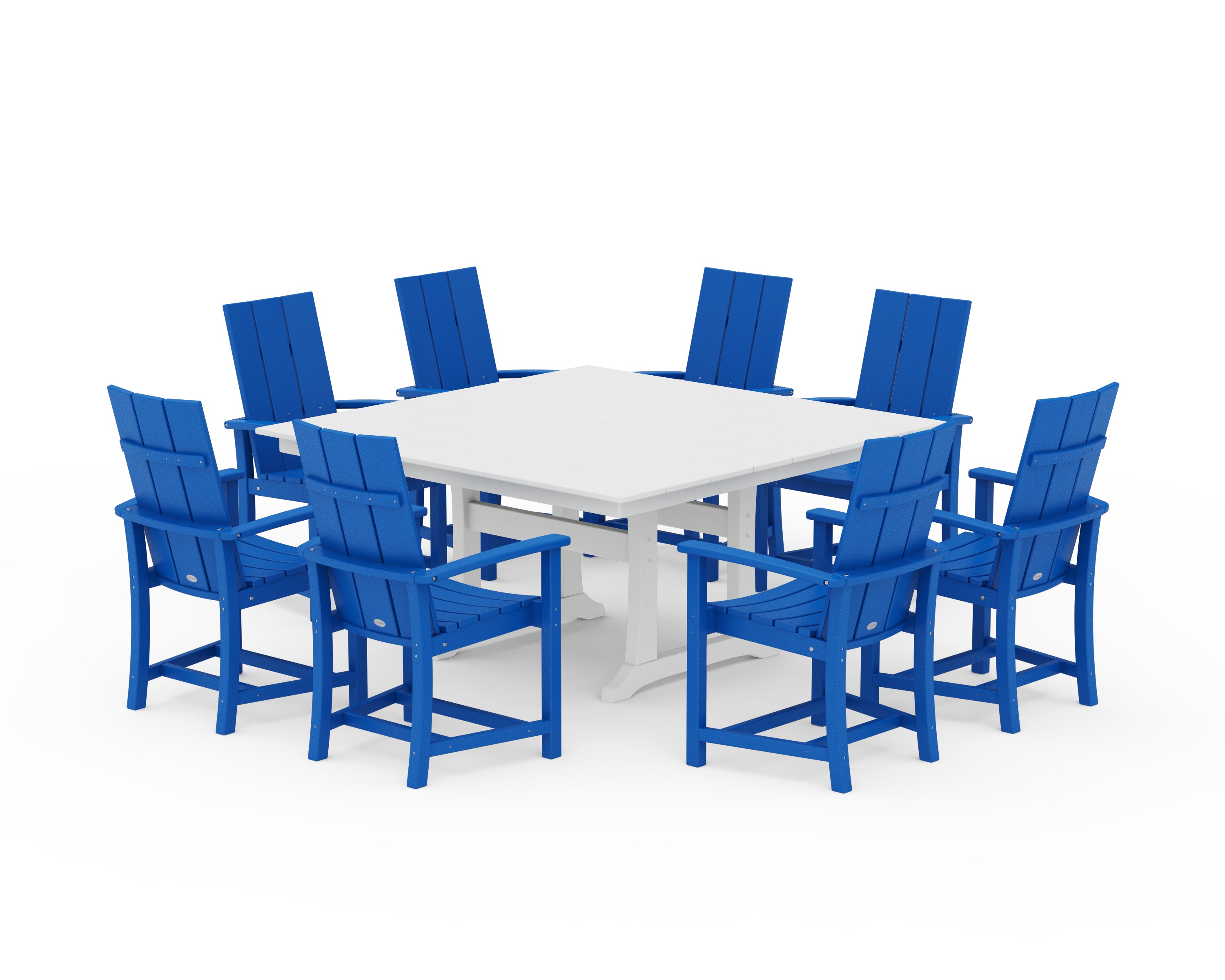 POLYWOOD® Modern Adirondack 9-Piece Farmhouse Trestle Dining Set in Pacific Blue / White