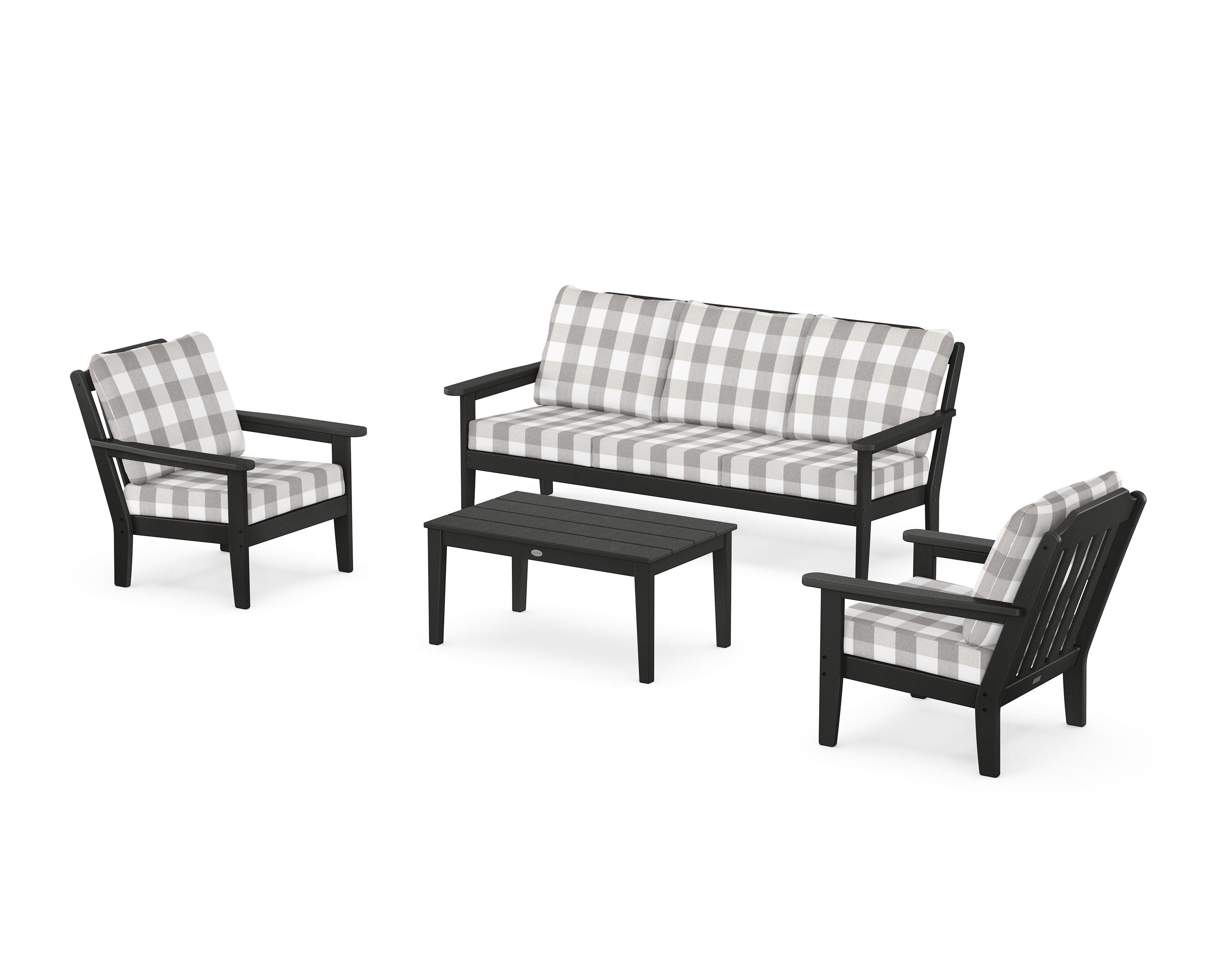 Country Living Cottage 4-Piece Deep Seating Set with Sofa in Black / Buffalo Plaid Grey Mist