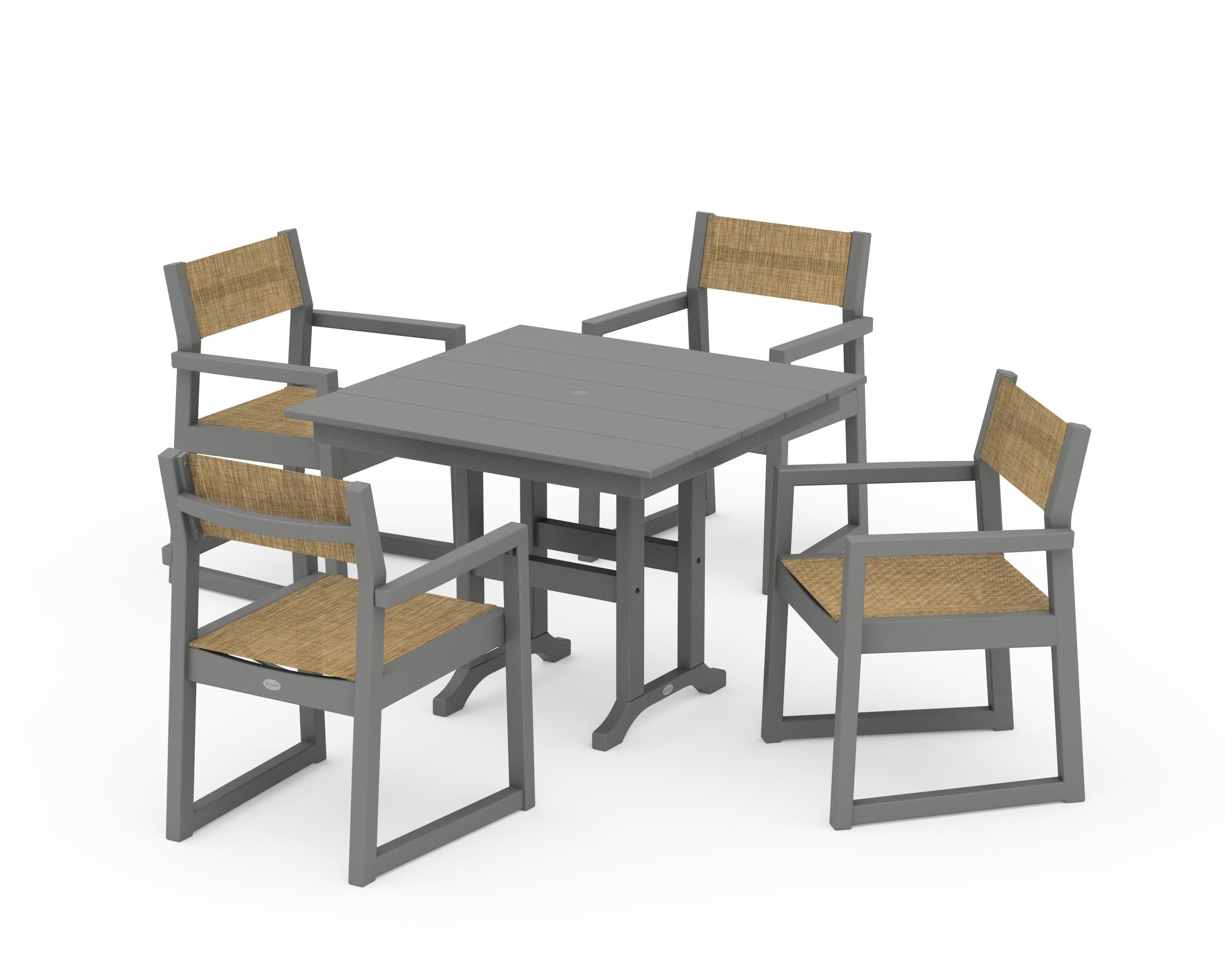 POLYWOOD® EDGE Sling Arm Chair 5-Piece Farmhouse Dining Set in Slate Grey / Burlap Sling