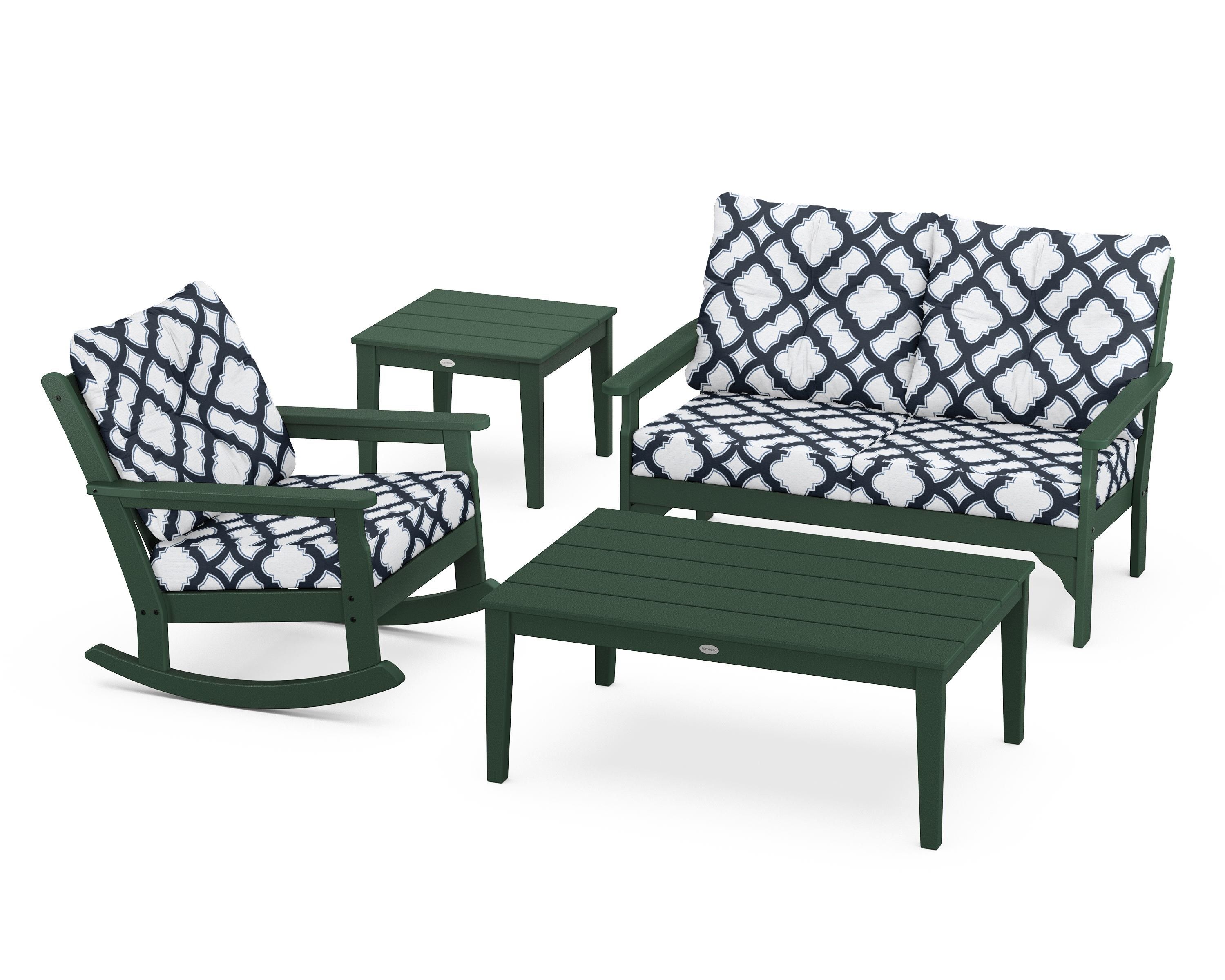 POLYWOOD® Vineyard 4-Piece Deep Seating Rocker Set in Green / Trellis Marine Indigo