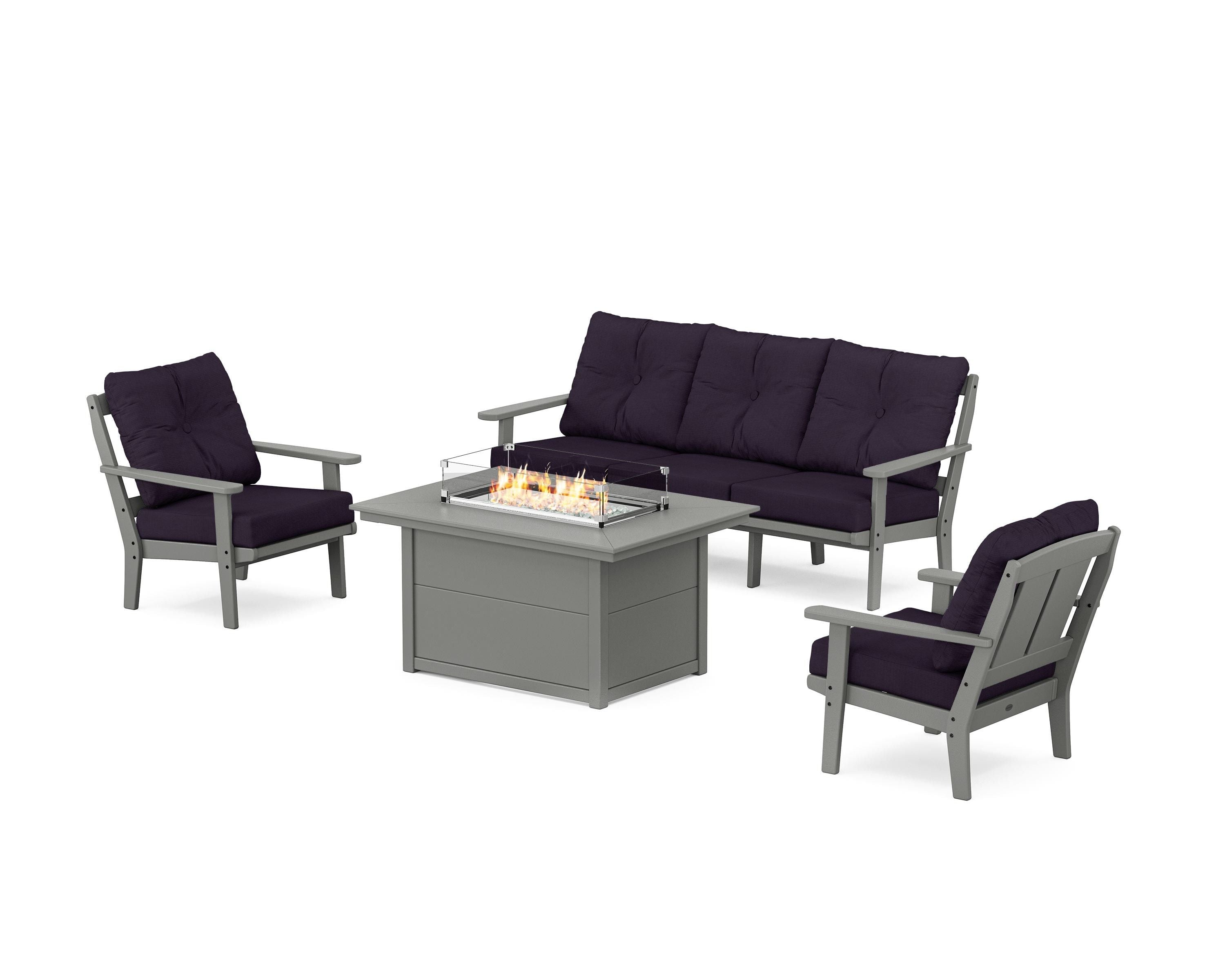 POLYWOOD® Mission Deep Seating Fire Pit Table Set in Slate Grey / Navy Linen