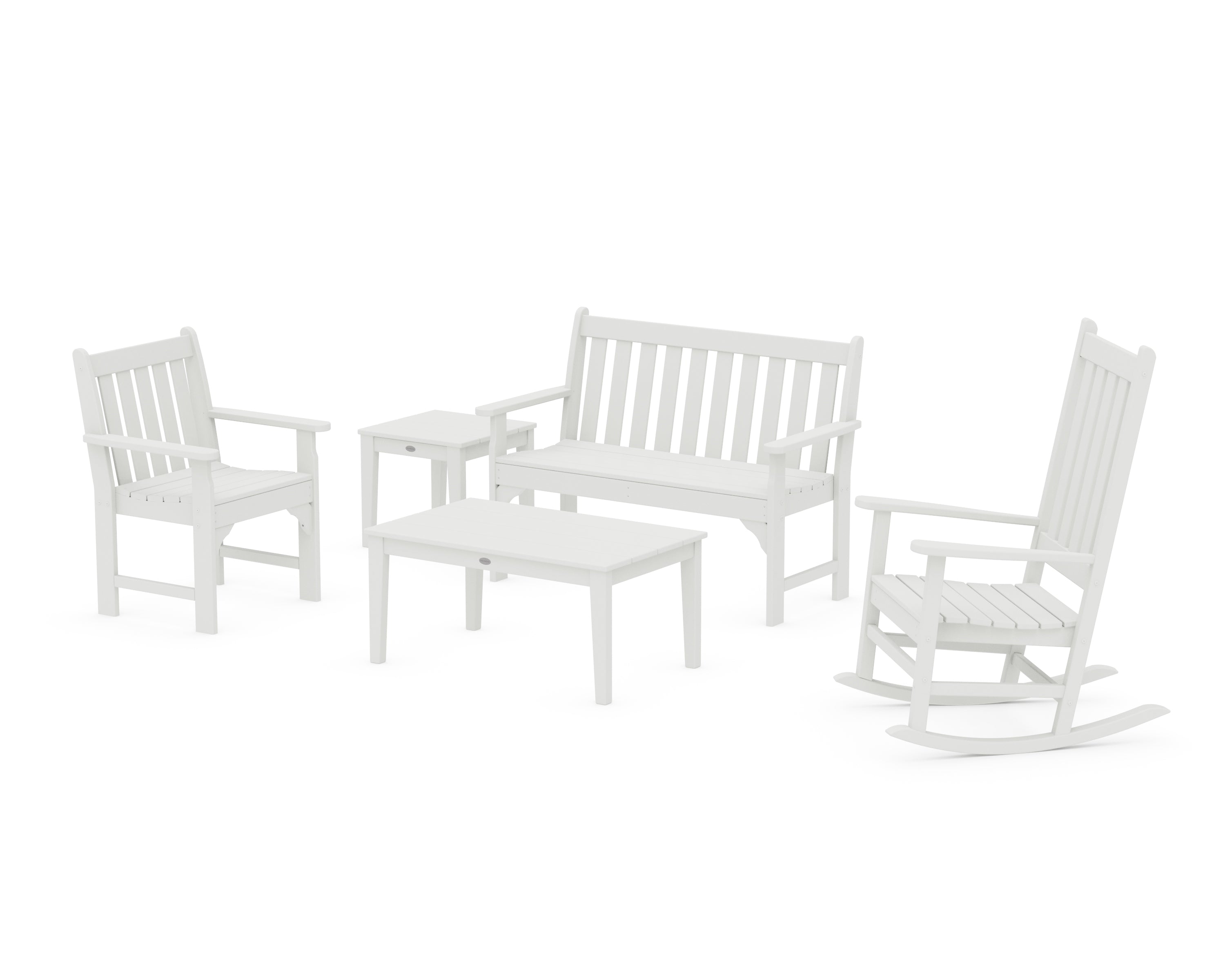 POLYWOOD® Vineyard 5-Piece Bench & Rocking Chair Set in White