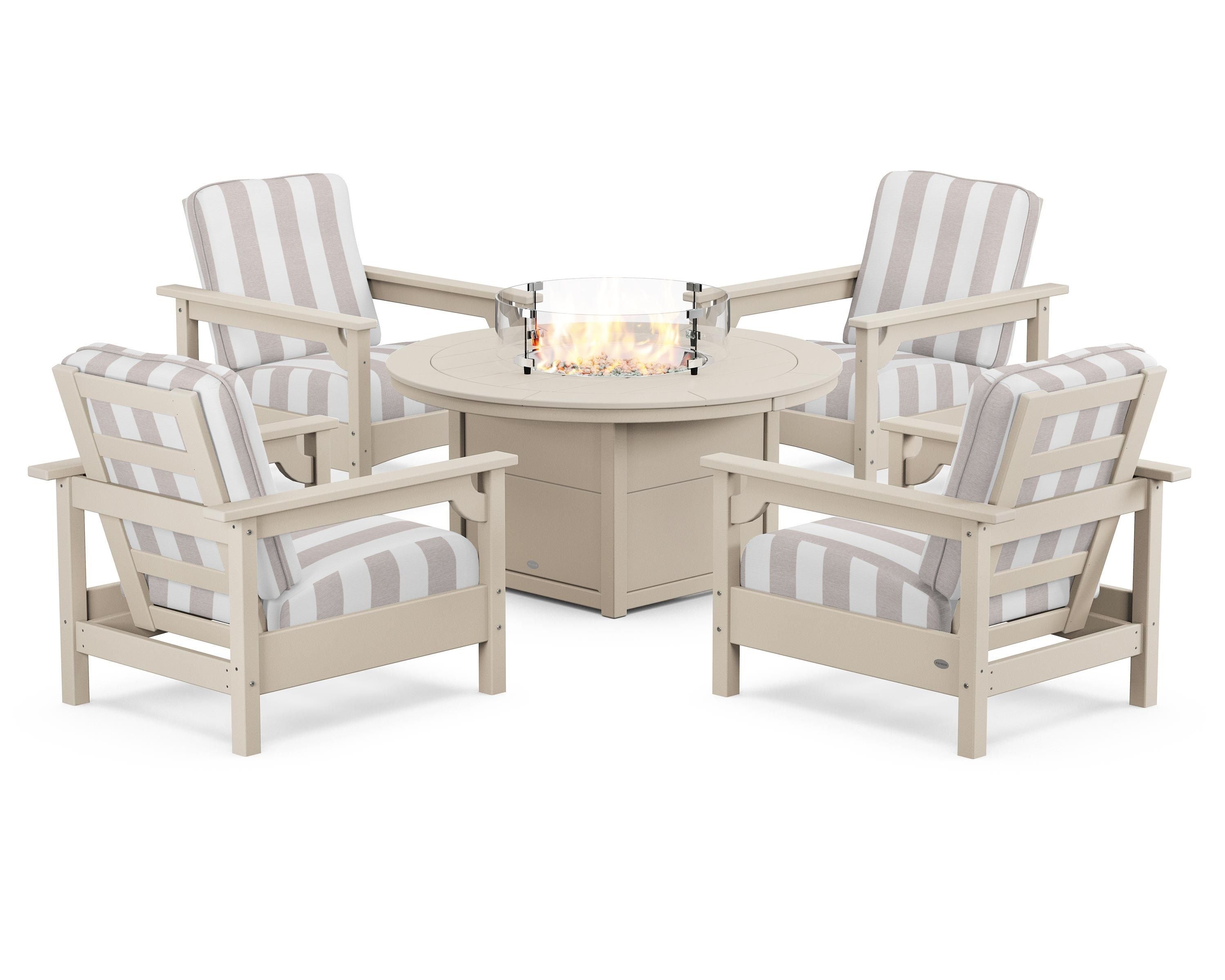 POLYWOOD® Club 5-Piece Conversation Set with Fire Pit Table in Sand / Cabana Stripe Dune Burlap